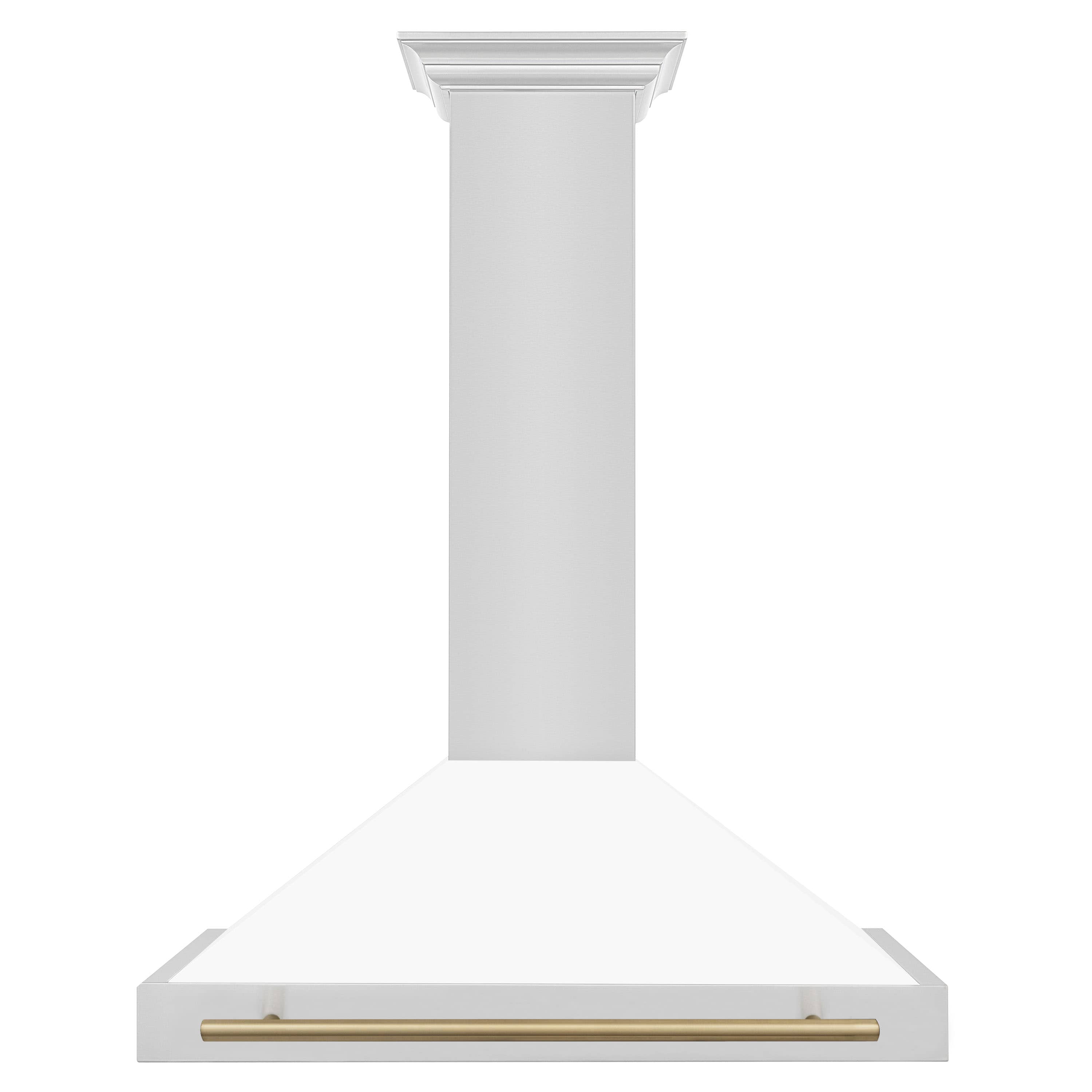 White matte range hood chimney with flat canopy and champagne bronze accent bar