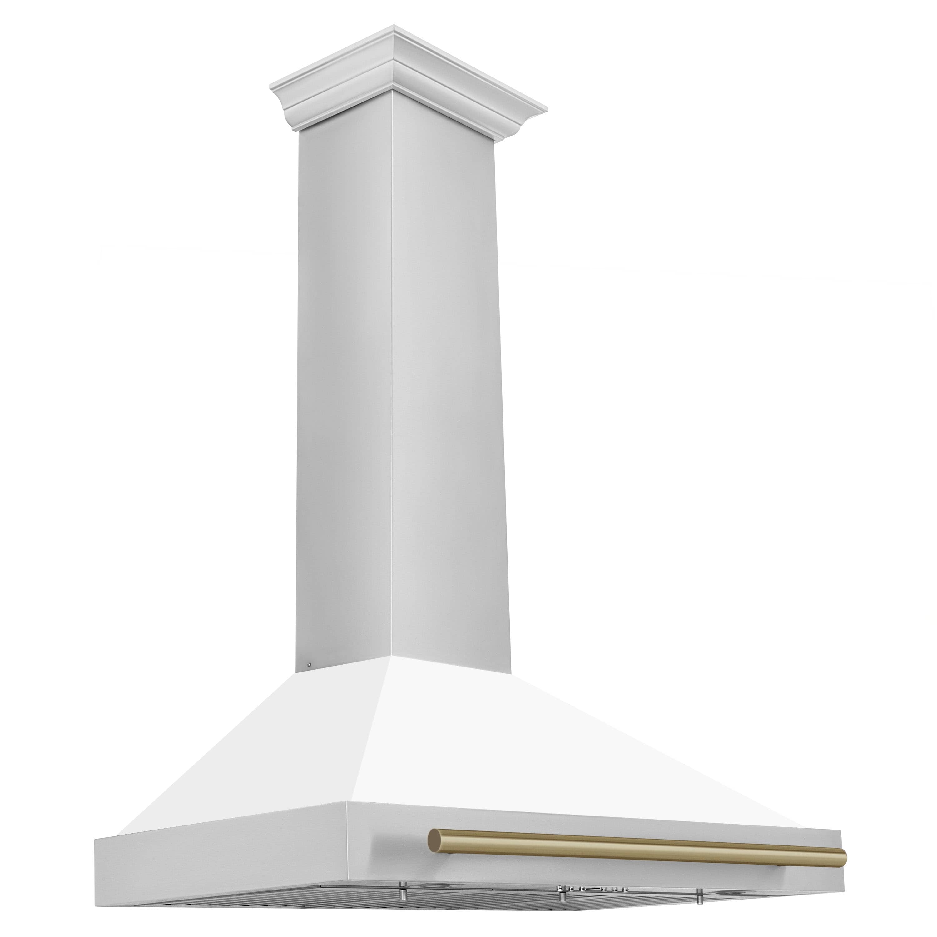 White matte wall range hood with champagne bronze front bar and stainless vent