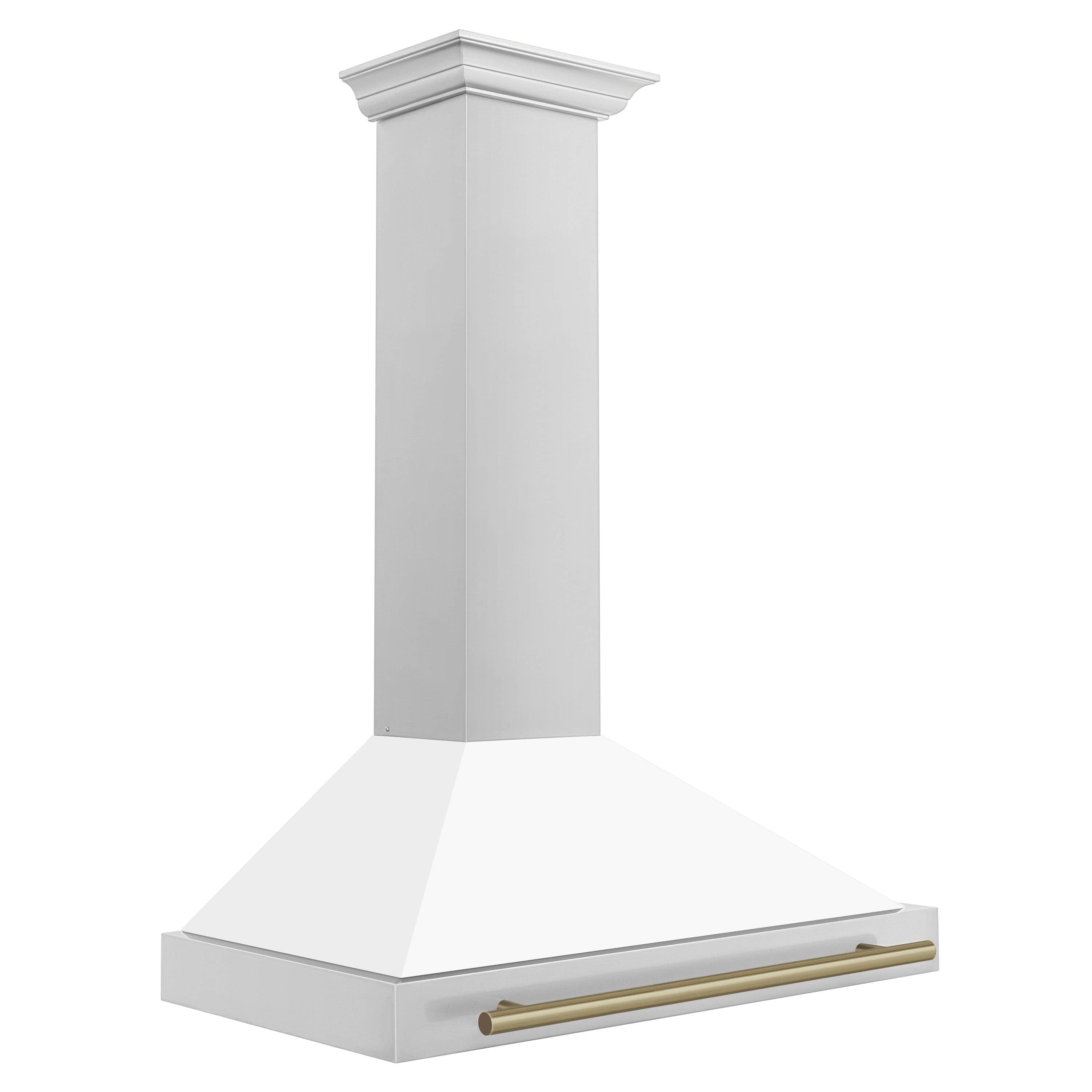 White matte range hood chimney with large flat canopy and bronze accent trim