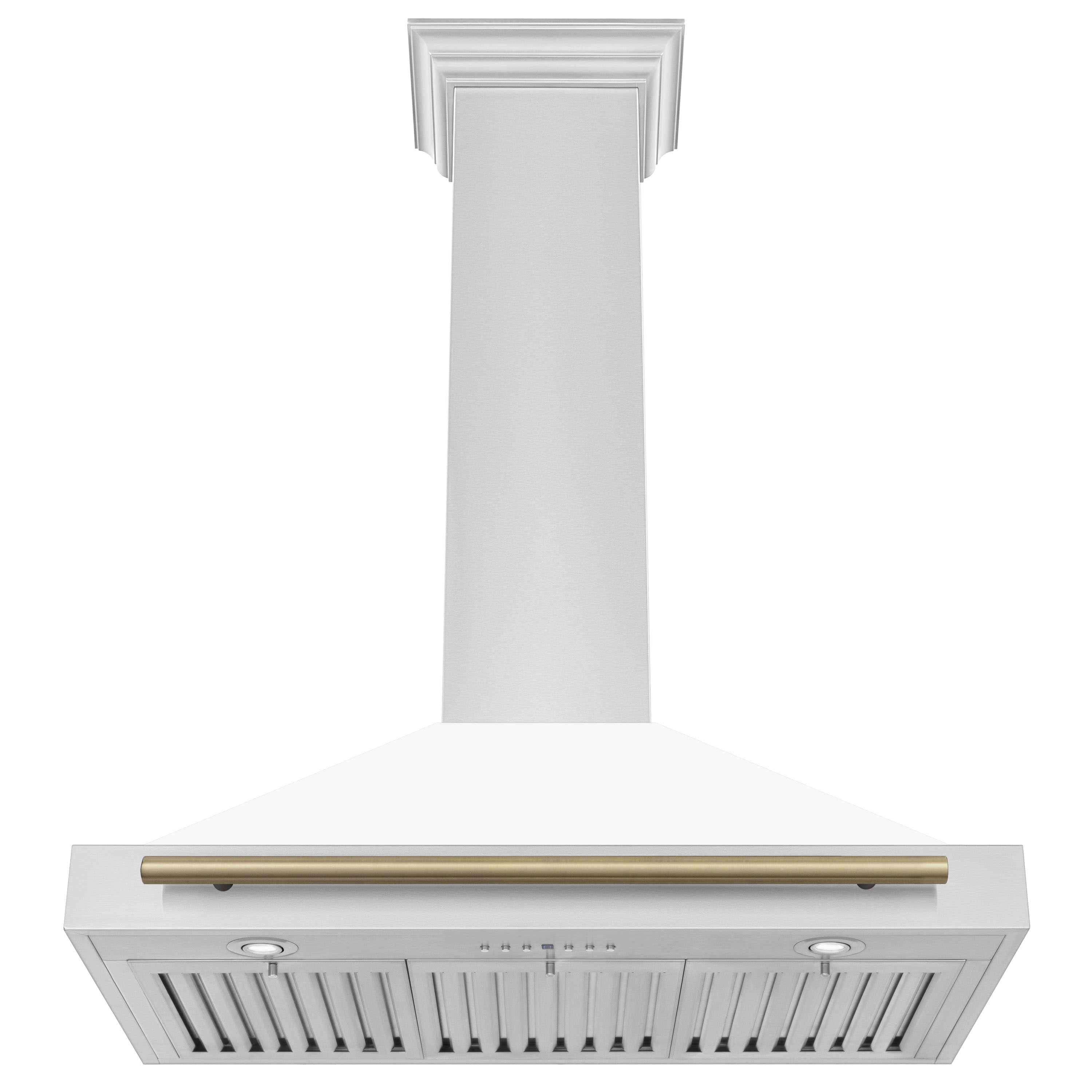 White matte range hood underside with vent slats and champagne bronze front bar