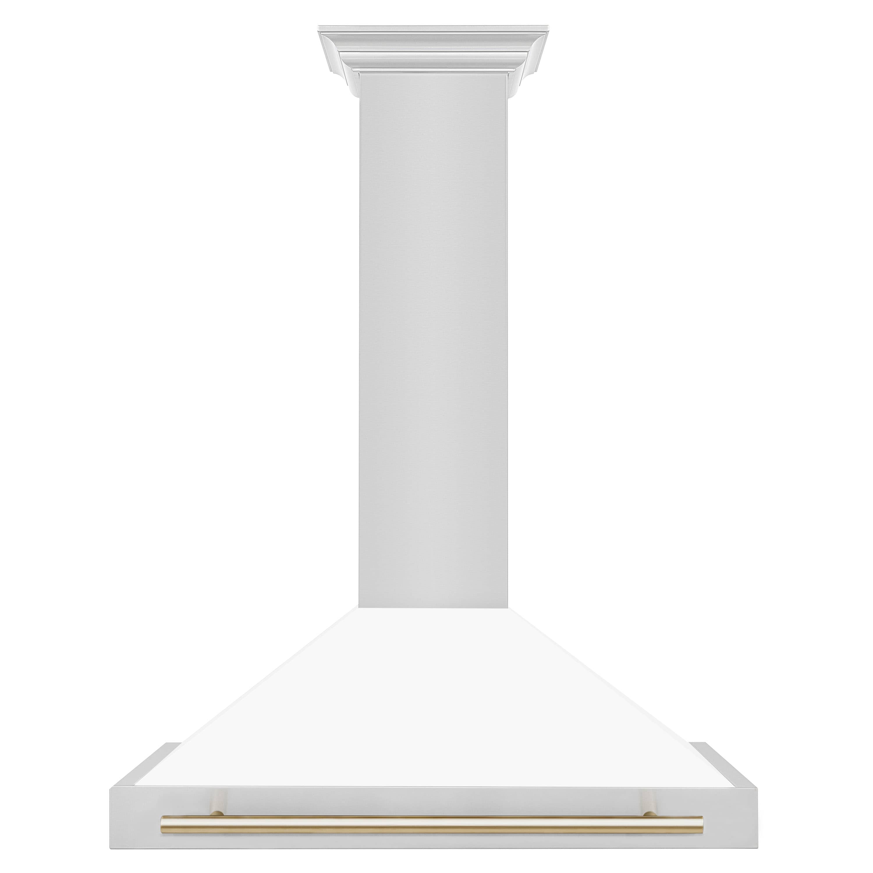 White matte wall-mounted range hood with gold accent bar and flared chimney