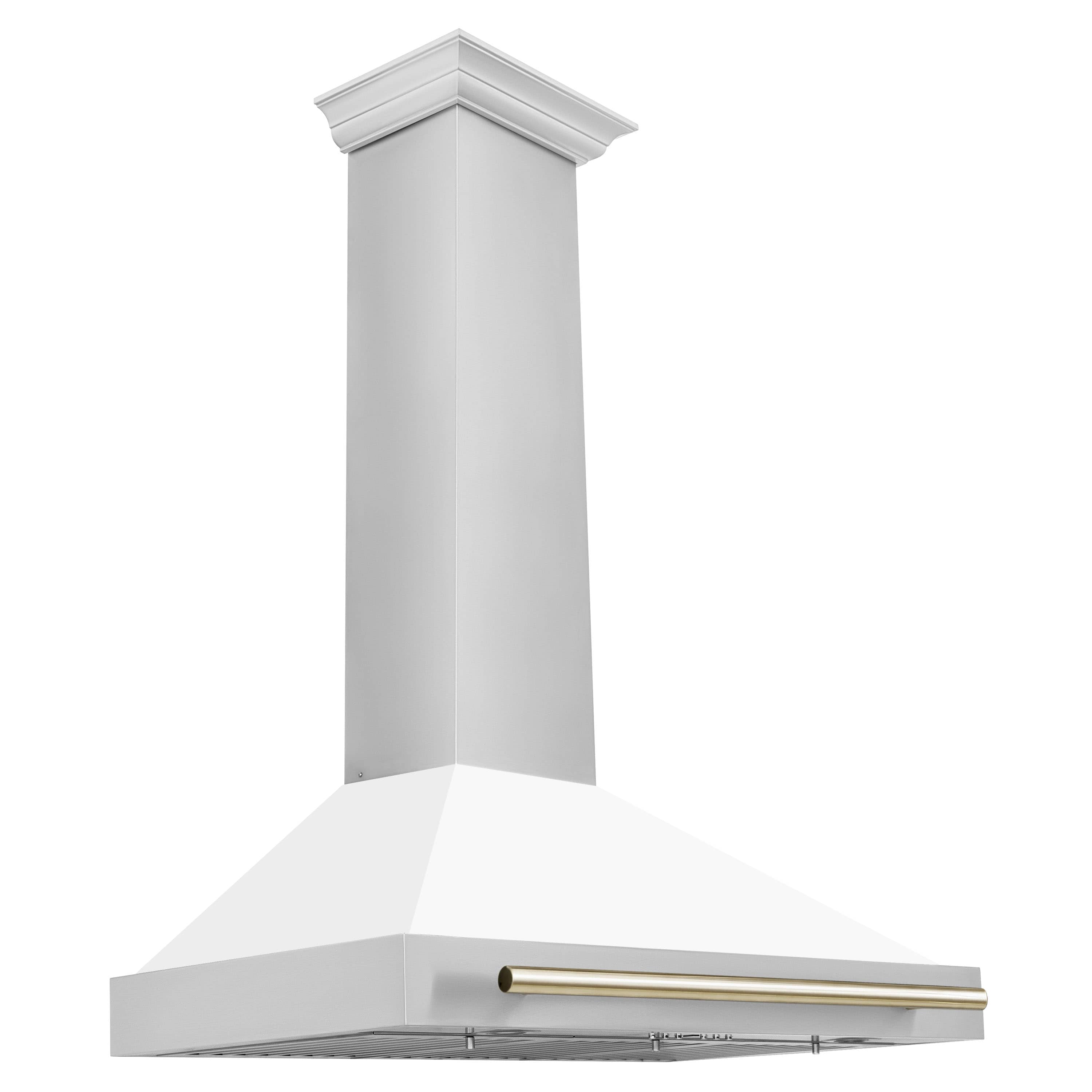 White matte wall-mounted range hood with gold accent rail and flared canopy