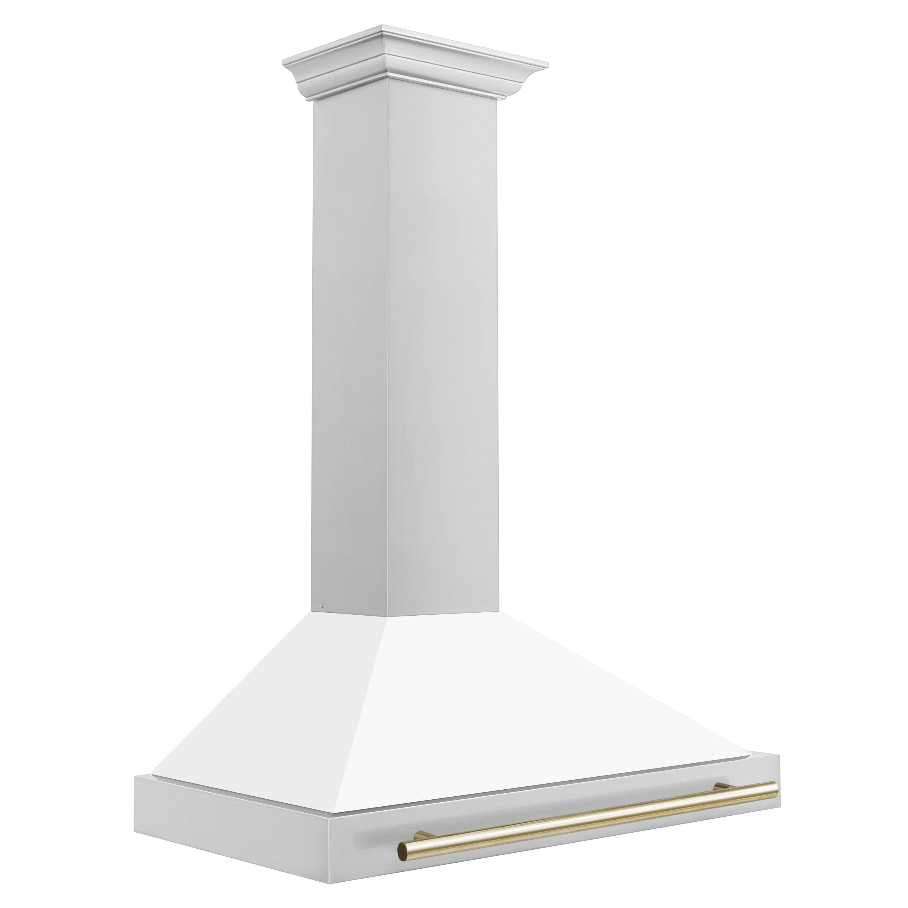 White matte wall-mounted range hood with gold accent bar and low flared canopy