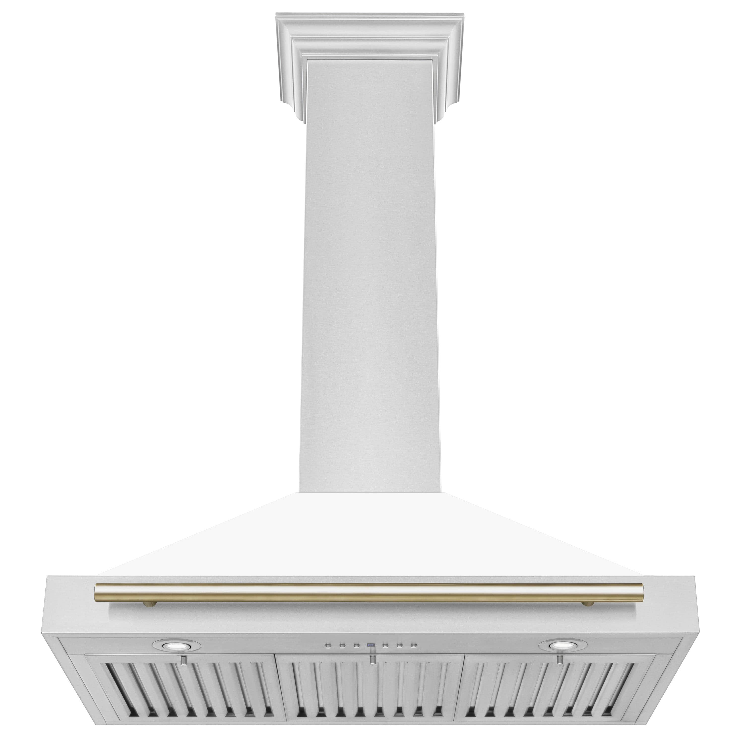 White matte range hood with gold trim bar and stainless vent grille underside