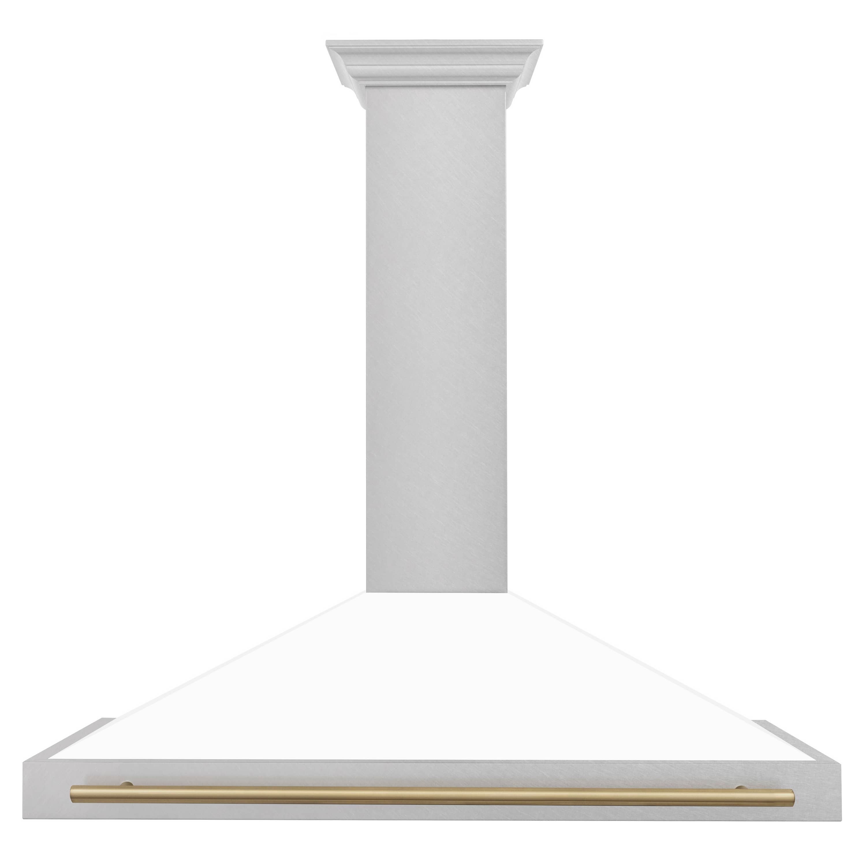 Wall mounted range hood chimney with white matte finish and champagne bronze bar