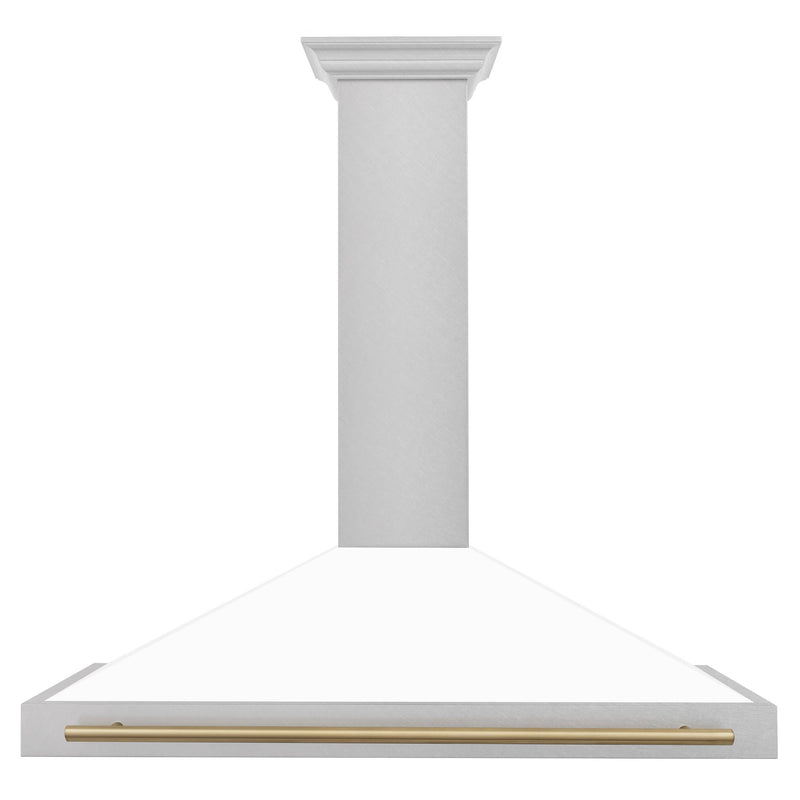 ZLINE 48-Inch Autograph Edition Wall Mounted Range Hood in DuraSnow® Stainless Steel with White Matte Shell and Champagne Bronze Handle (KB4SNZ-WM48-CB)