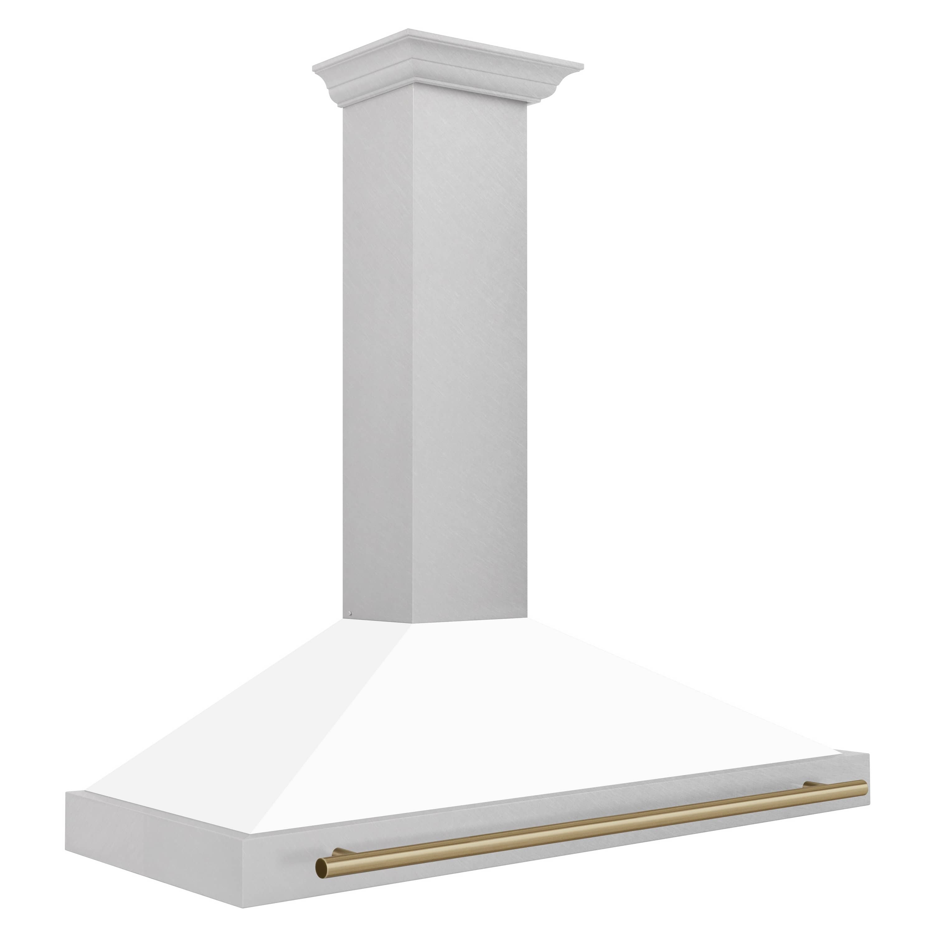 Wall mounted chimney range hood with white finish and champagne bronze side bar