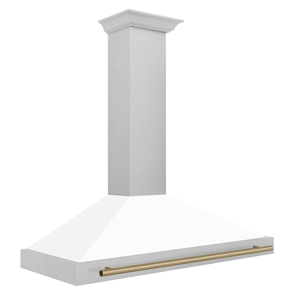 ZLINE 48-Inch Autograph Edition Wall Mounted Range Hood in DuraSnow® Stainless Steel with White Matte Shell and Champagne Bronze Handle (KB4SNZ-WM48-CB)