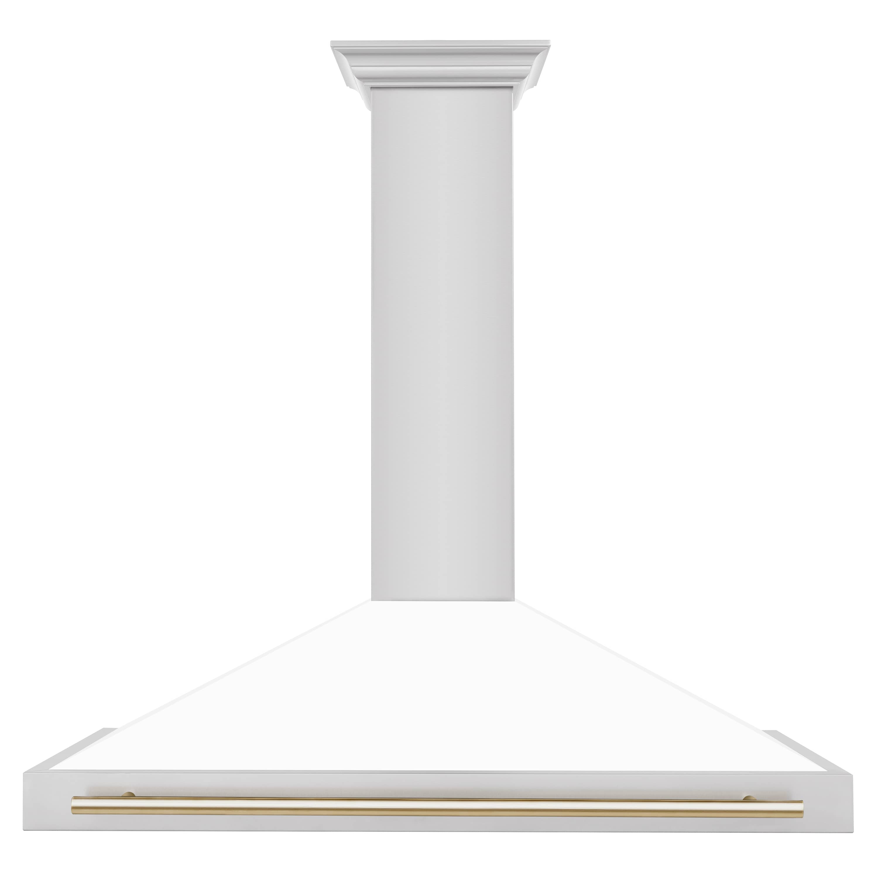 White wall-mounted range hood with gold accent strip along the front edge