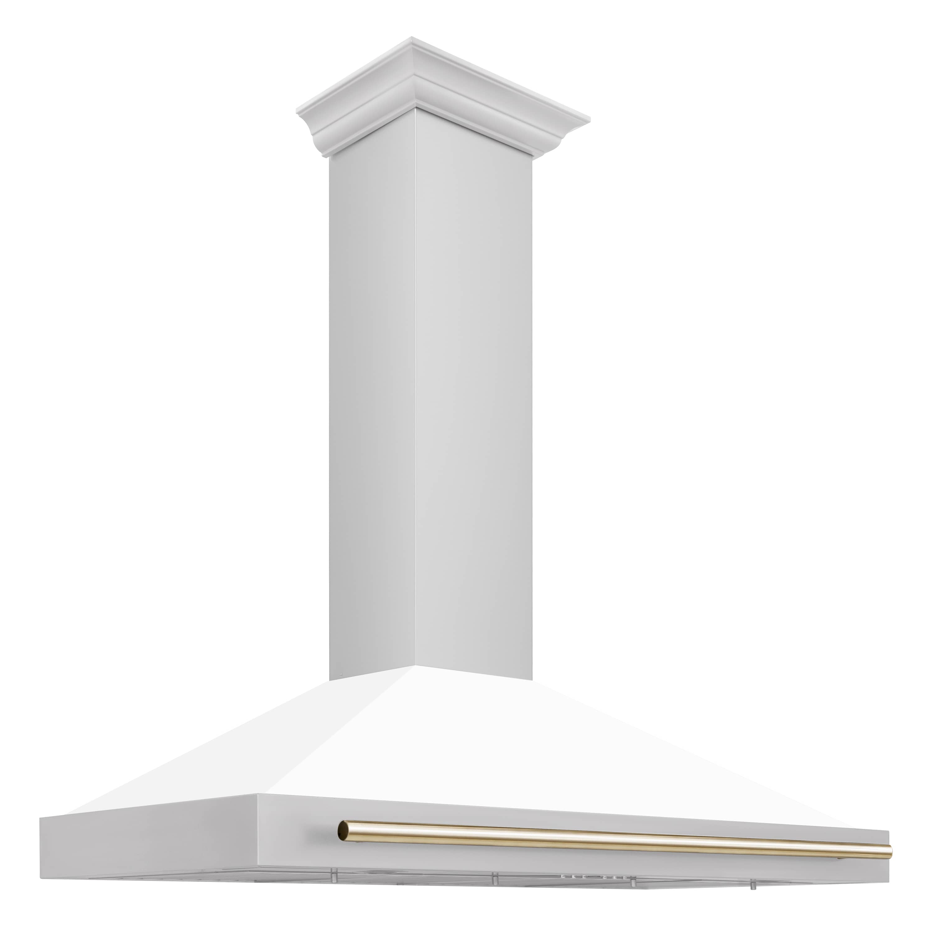 White wall-mounted range hood with gold front bar on a flat canopy