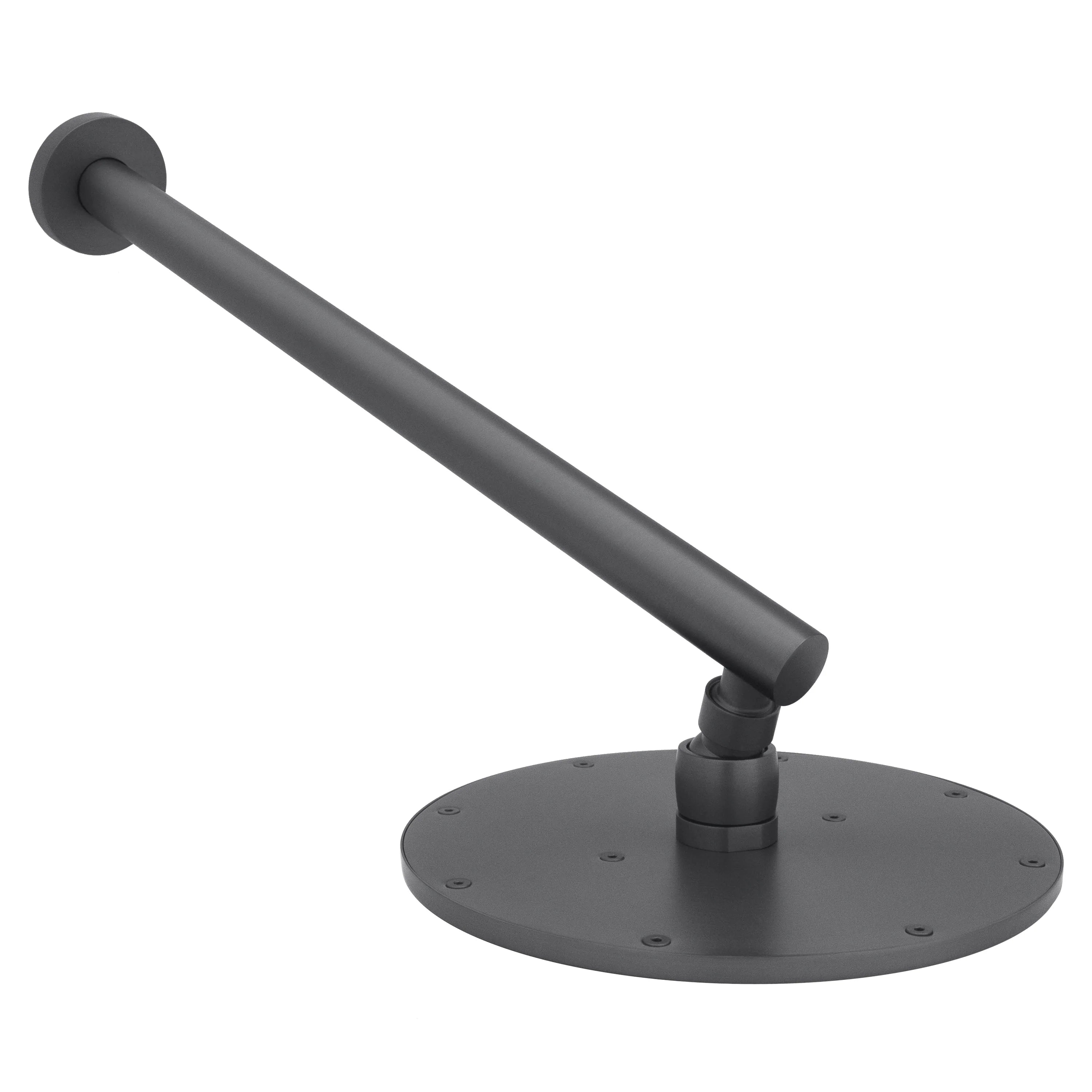 Gun metal shower faucet with long arm and round base plate, shown at an angle