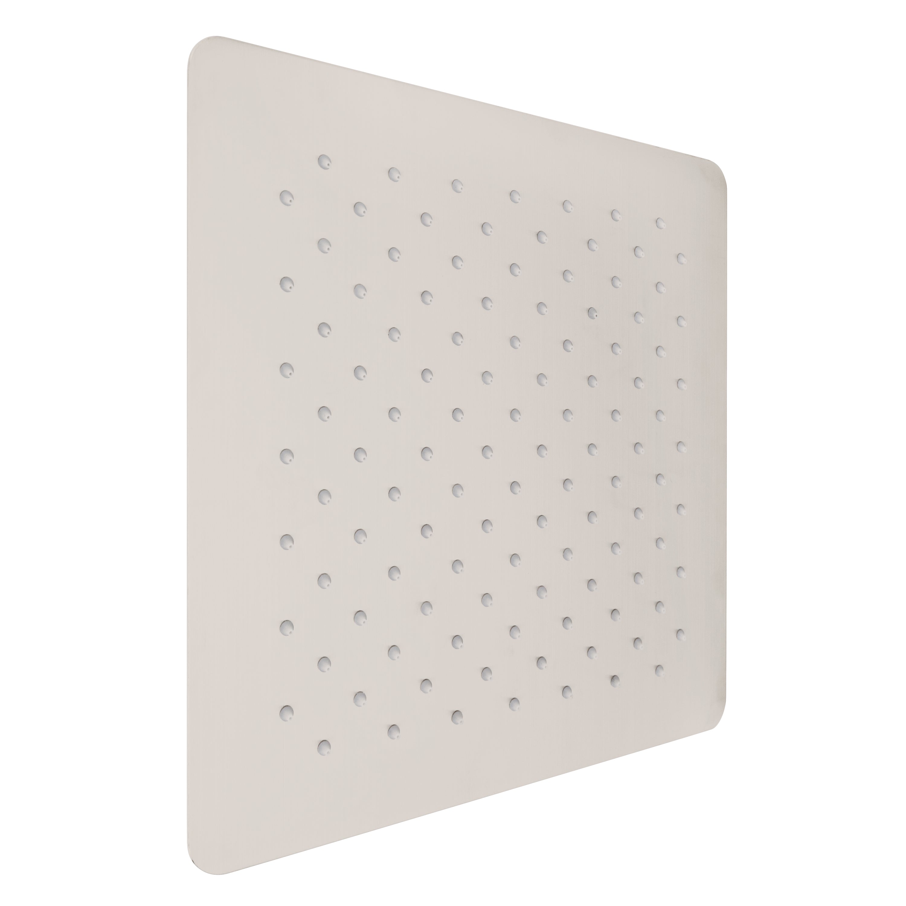 Brushed nickel square shower head face with multiple spray nozzles