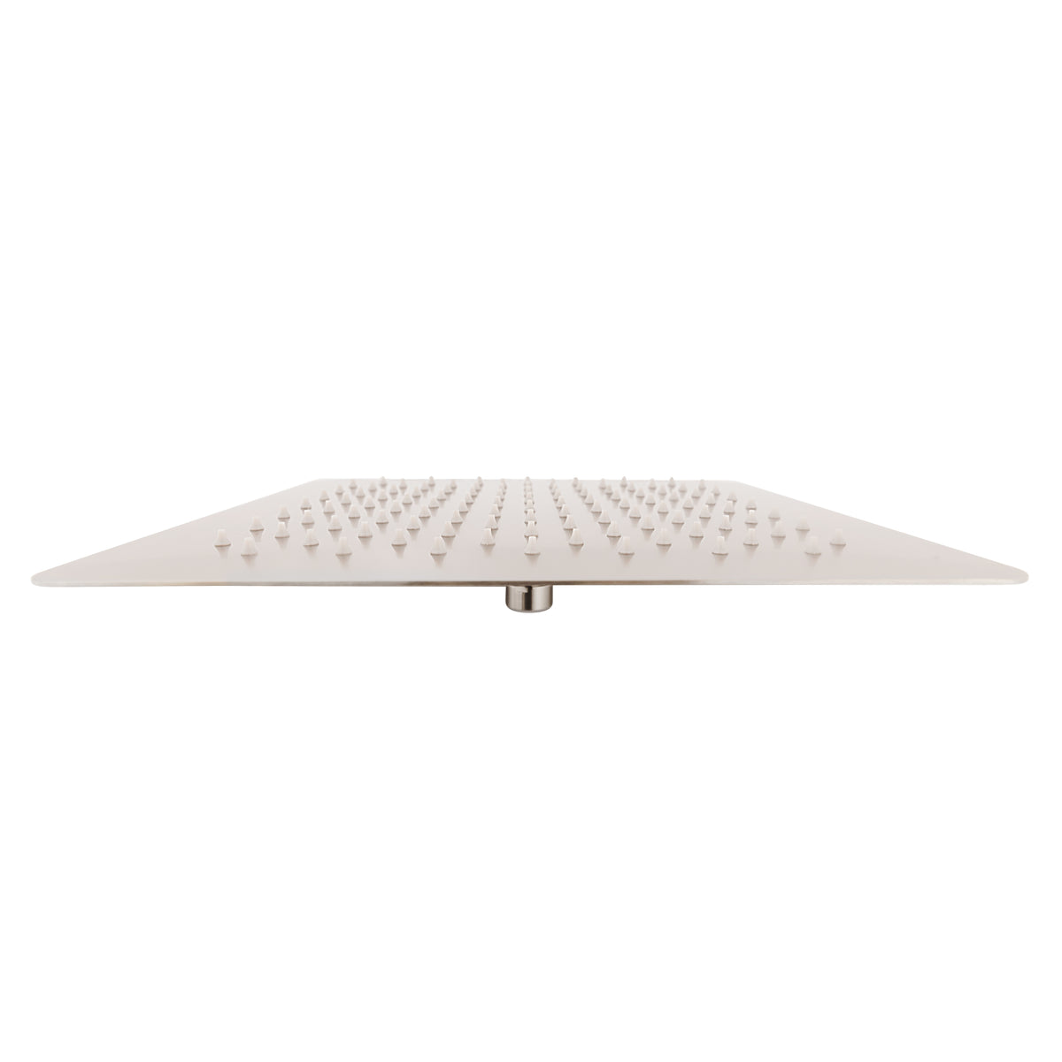 Brushed nickel overhead shower head with full spray nozzle panel and central stem