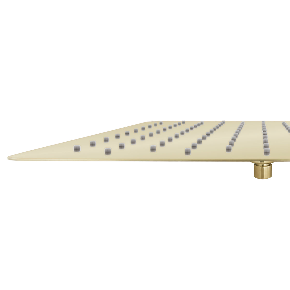 Polished gold overhead shower head, angled view of spray jet pattern and mount