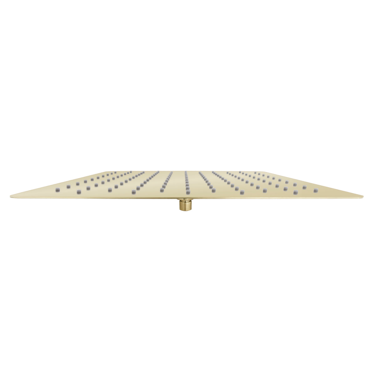 Polished gold overhead shower head, side profile showing underside spray jets