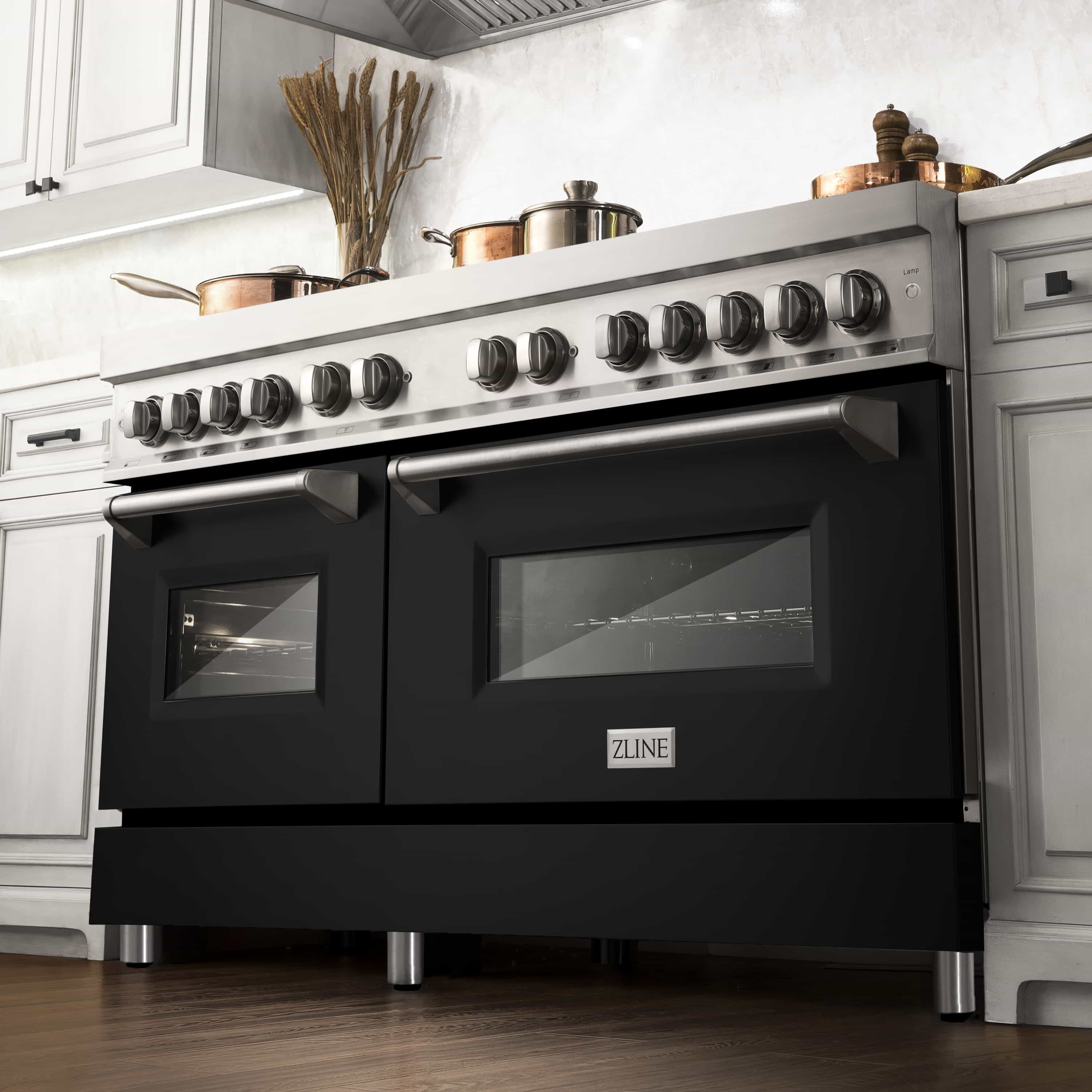 ZLINE dual fuel range with stainless control panel, black matte oven doors, front view