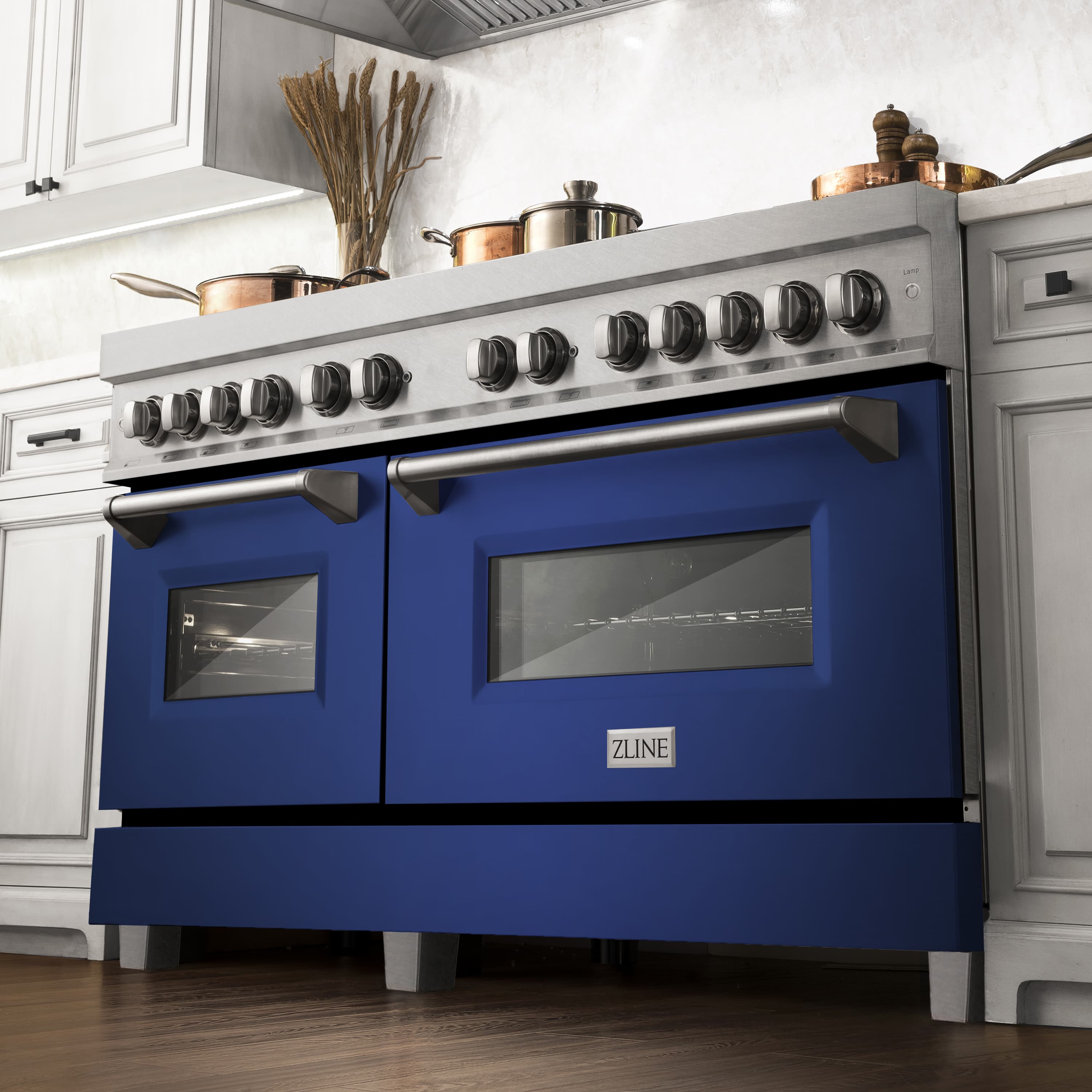 ZLINE dual fuel range with satin stainless top, blue matte doors, and control knobs