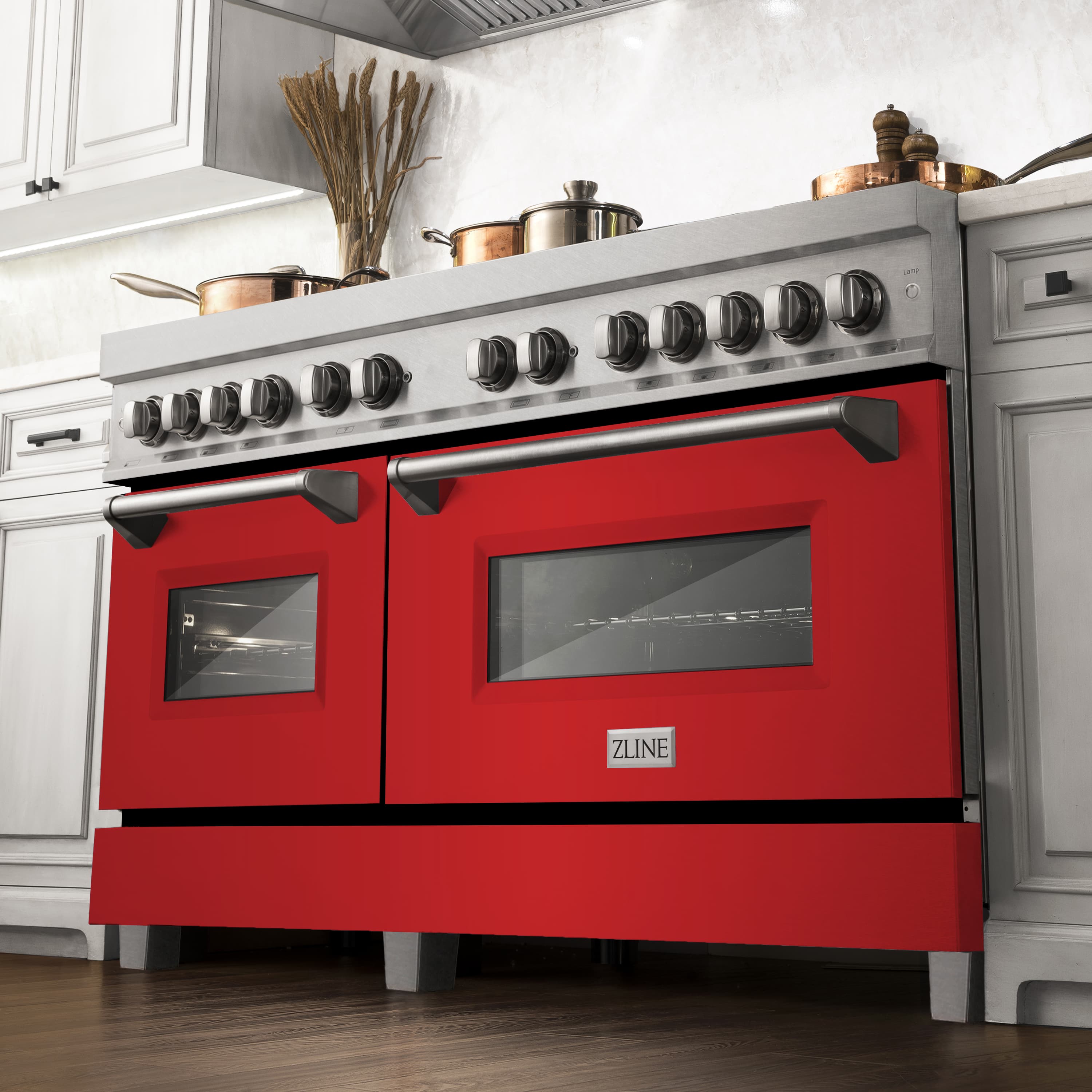 ZLINE dual fuel range with stainless control panel and red matte oven doors