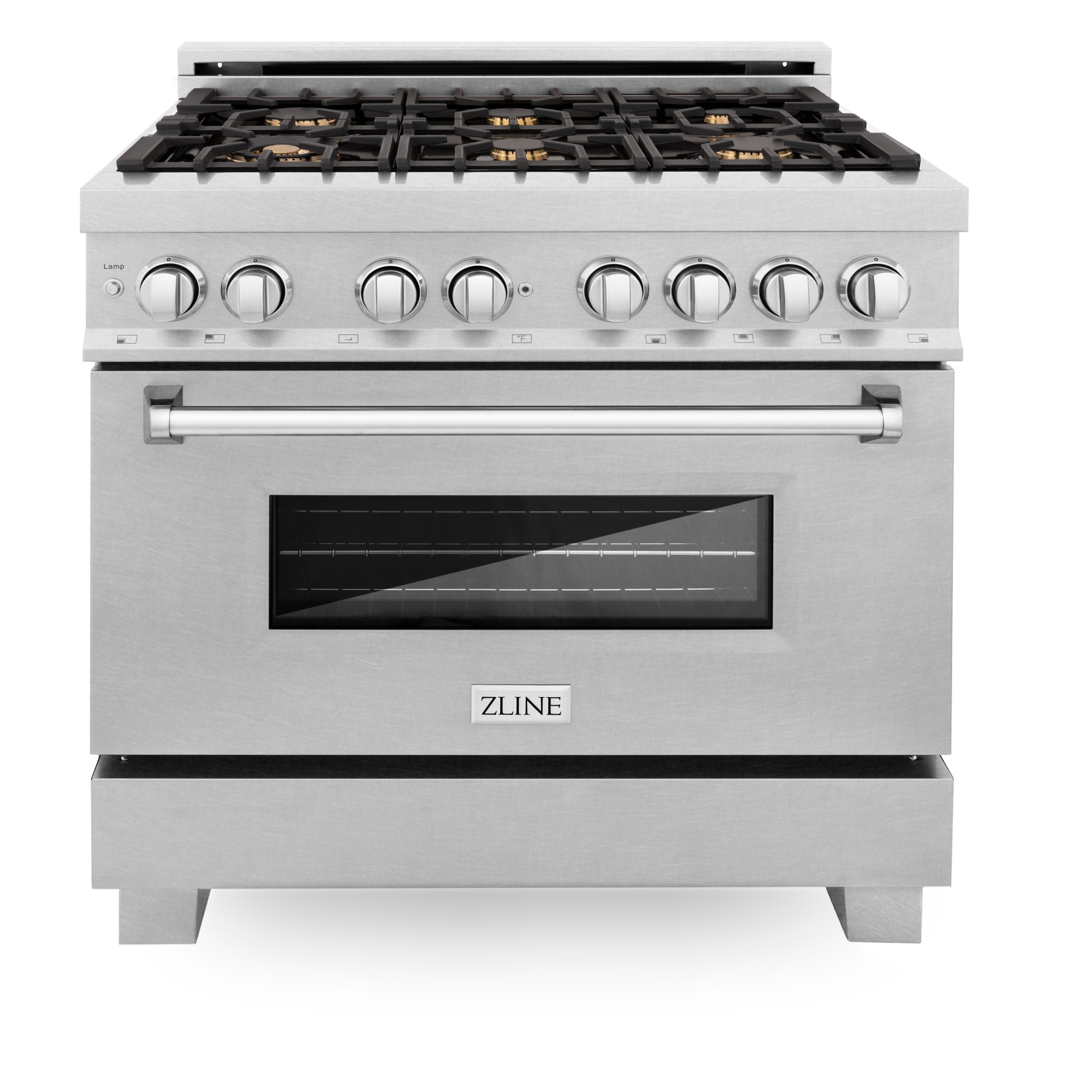 Stainless steel dual fuel range with oven door, control knobs, and gas burner cooktop