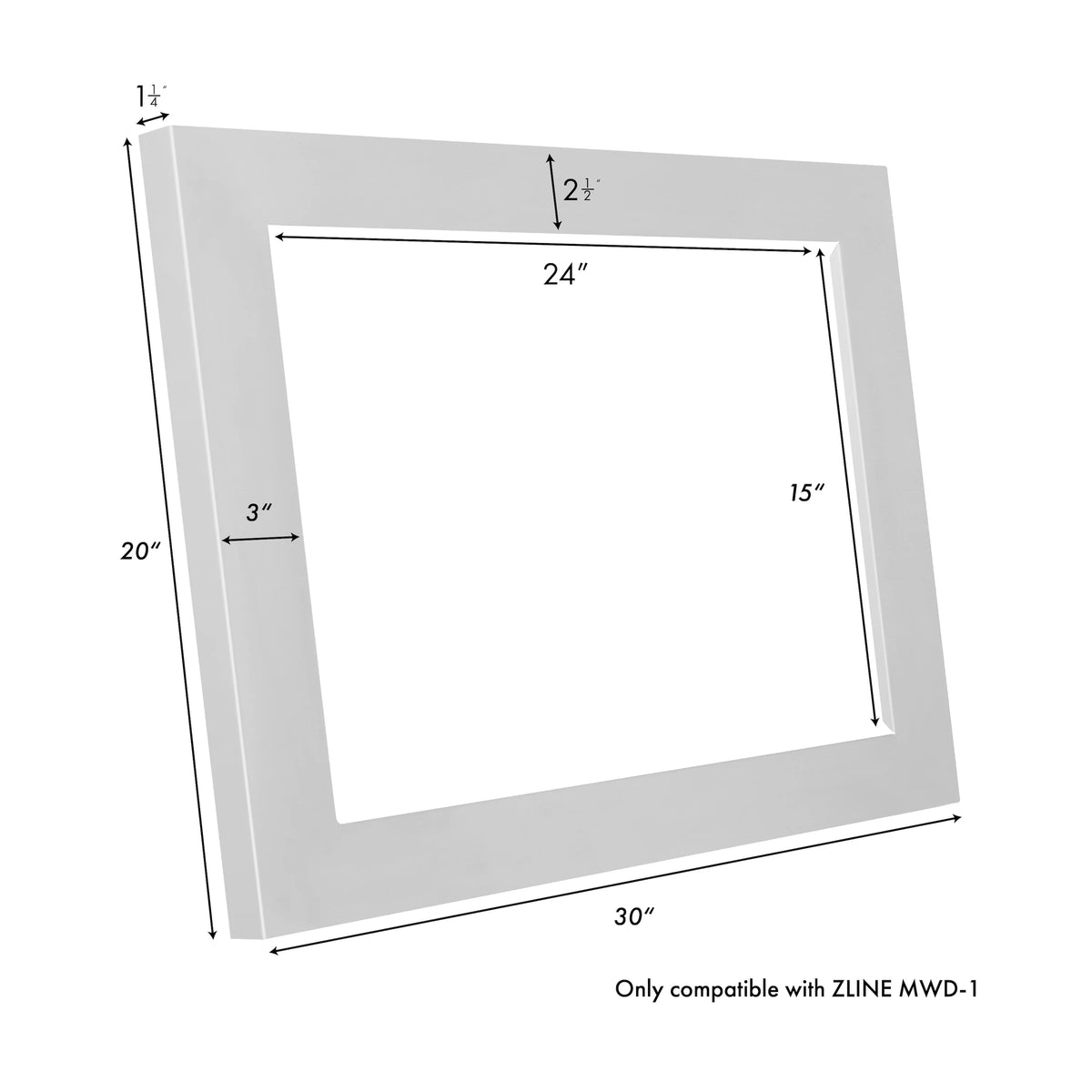 Microwave drawer trim kit size diagram: 30 in x 20 in frame, 24 in x 15 in opening
