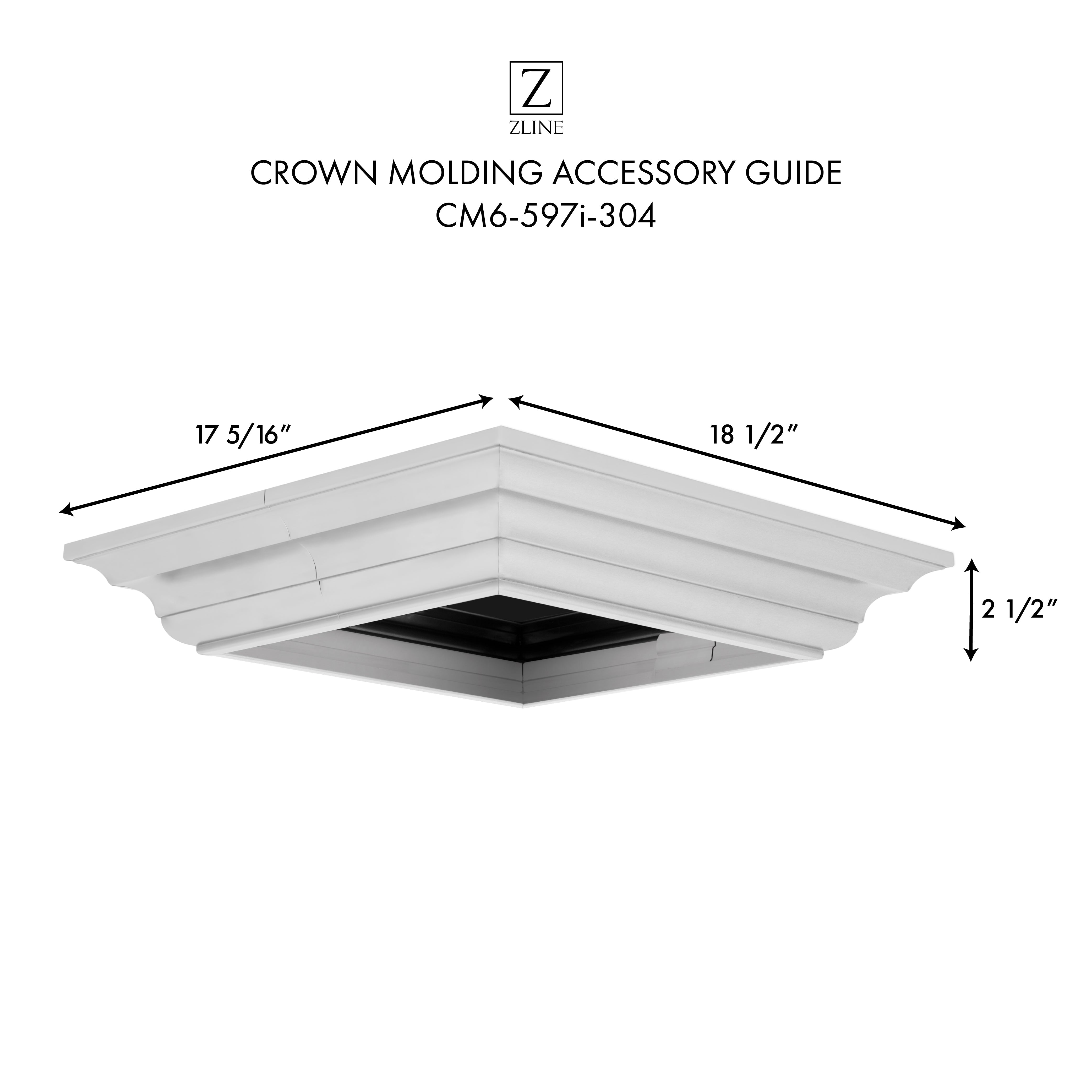 White crown molding guide accessory with hood recess and labeled dimensions