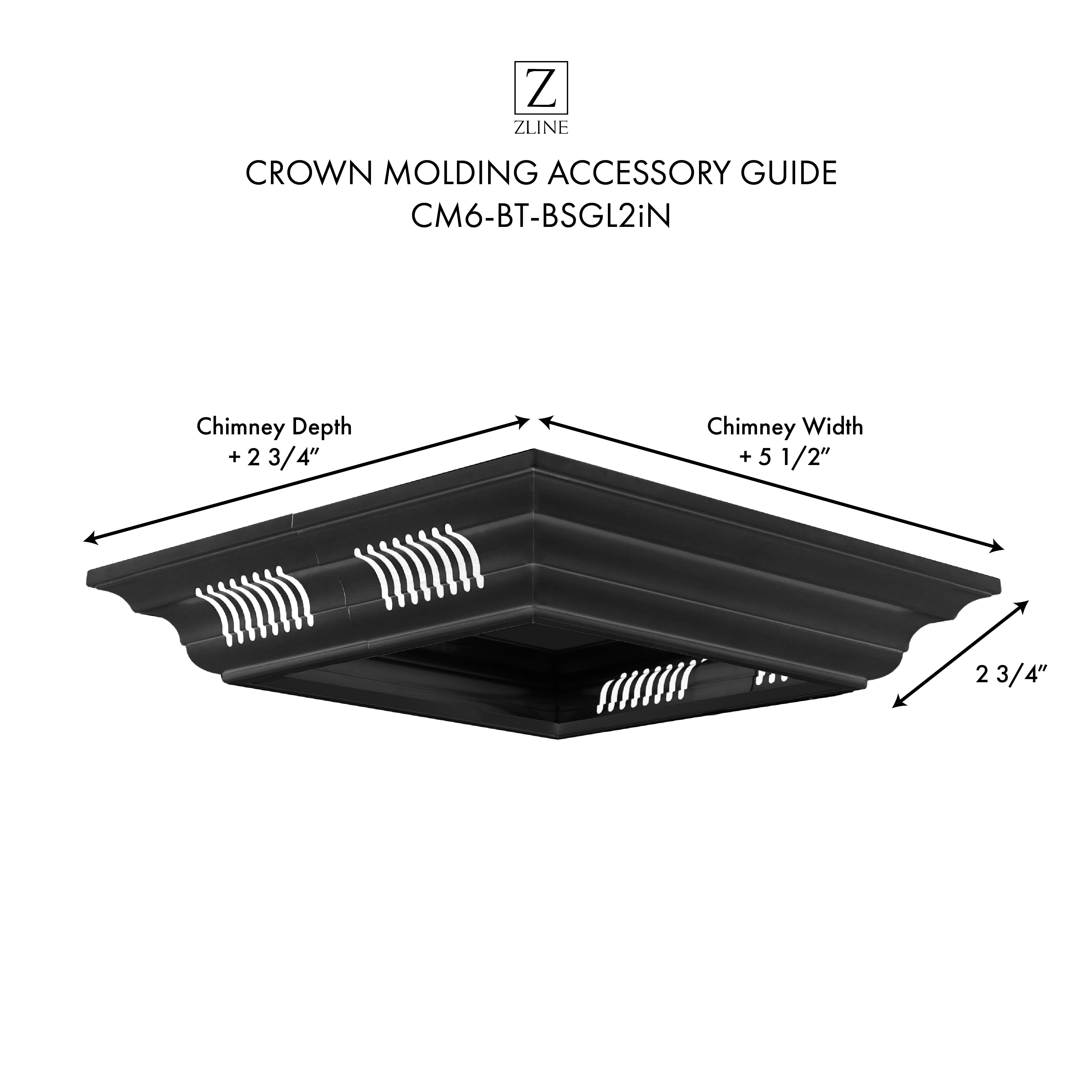 Black crown molding accessory guide showing corner speaker grilles and size arrows