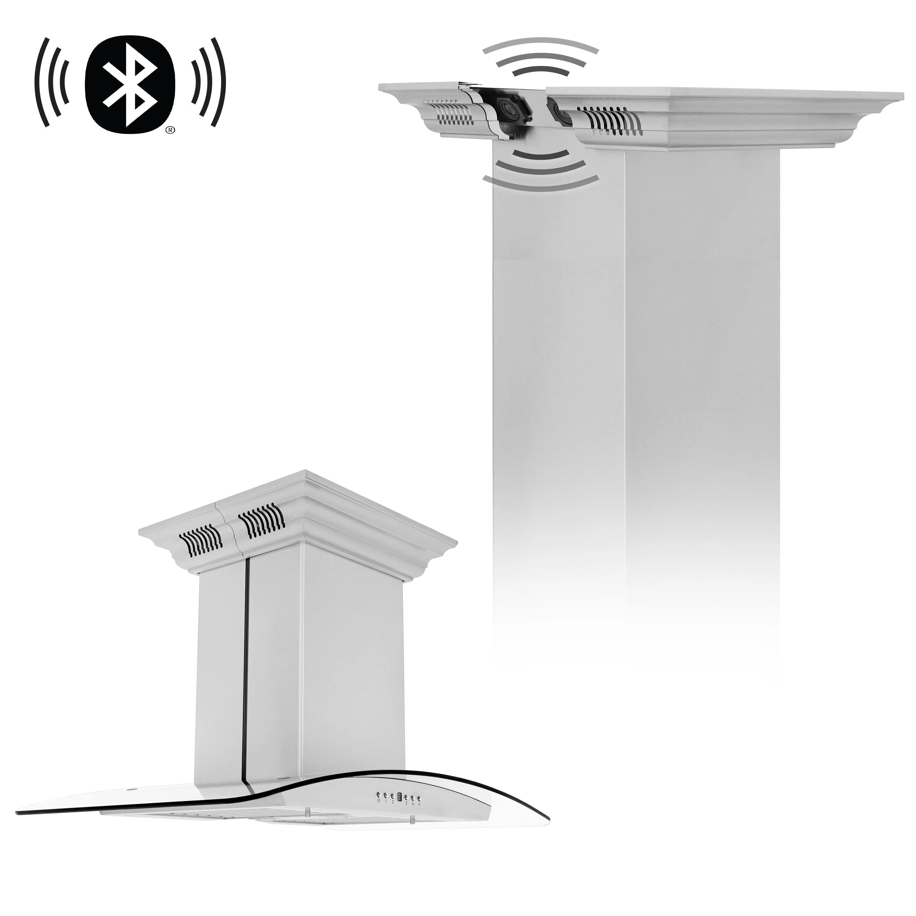Stainless steel island mount range hood with crown molding and built-in Bluetooth speakers