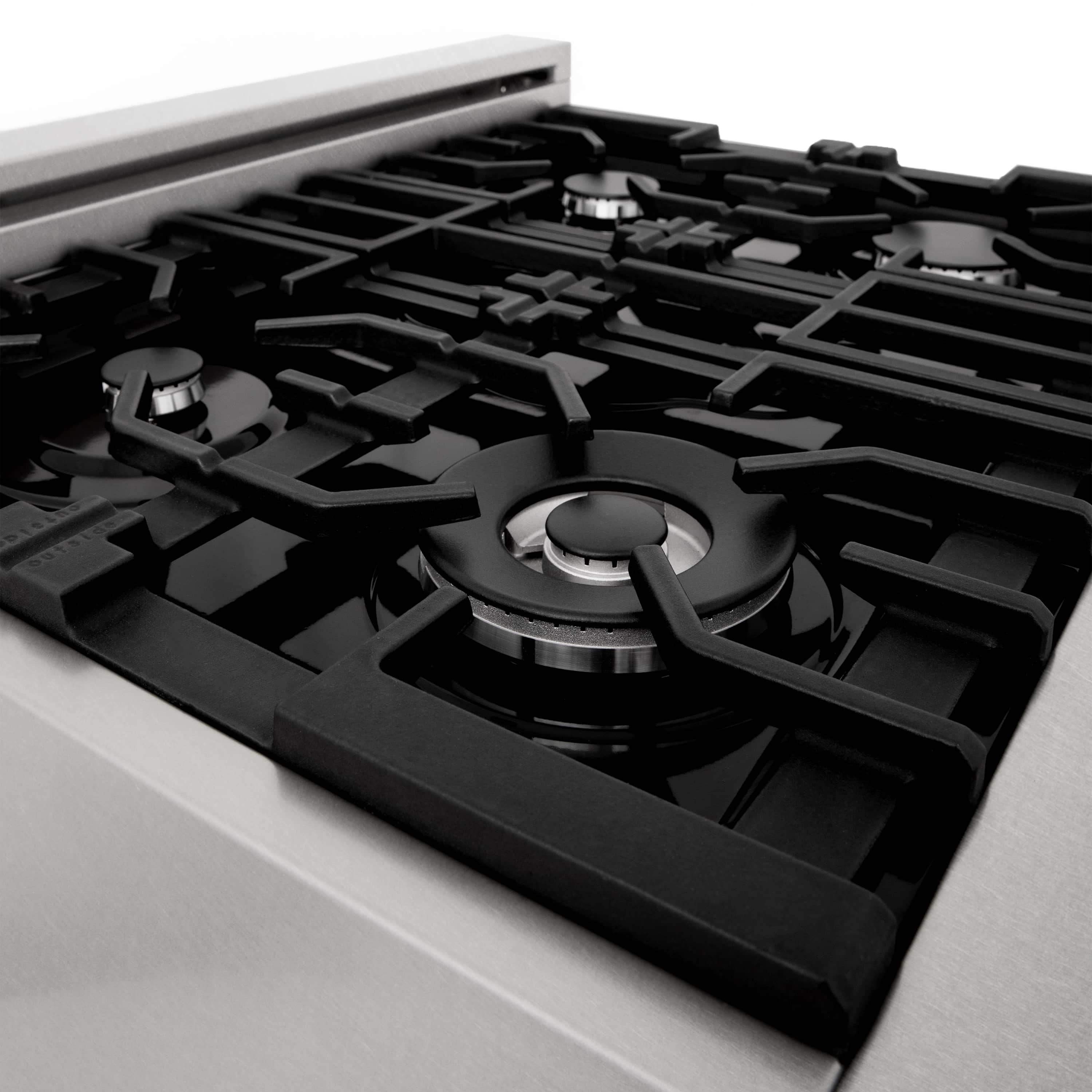 Dual fuel range cooktop with black grates and centered burner ring