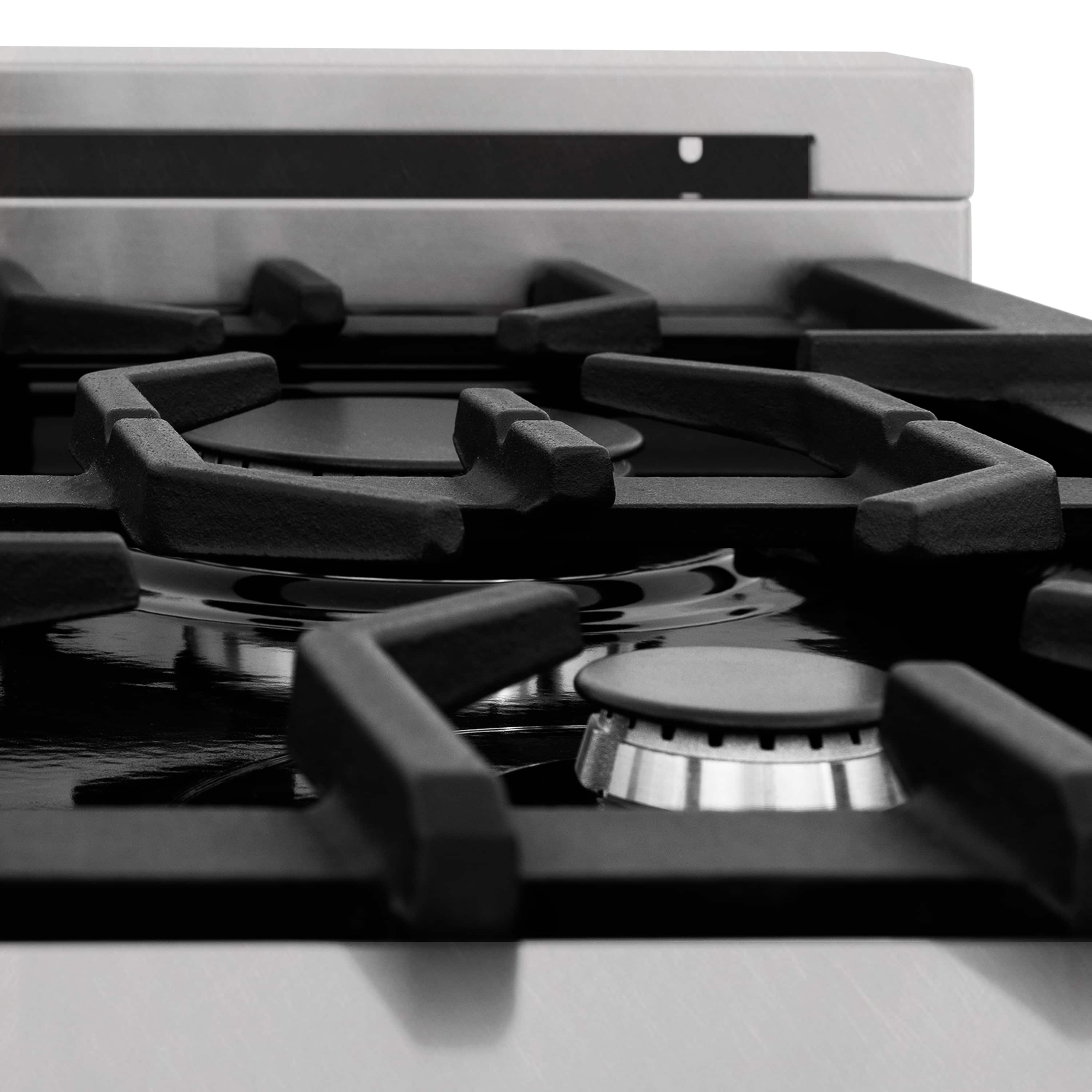 Dual fuel range cooktop with cast-iron style grates and stainless front panel
