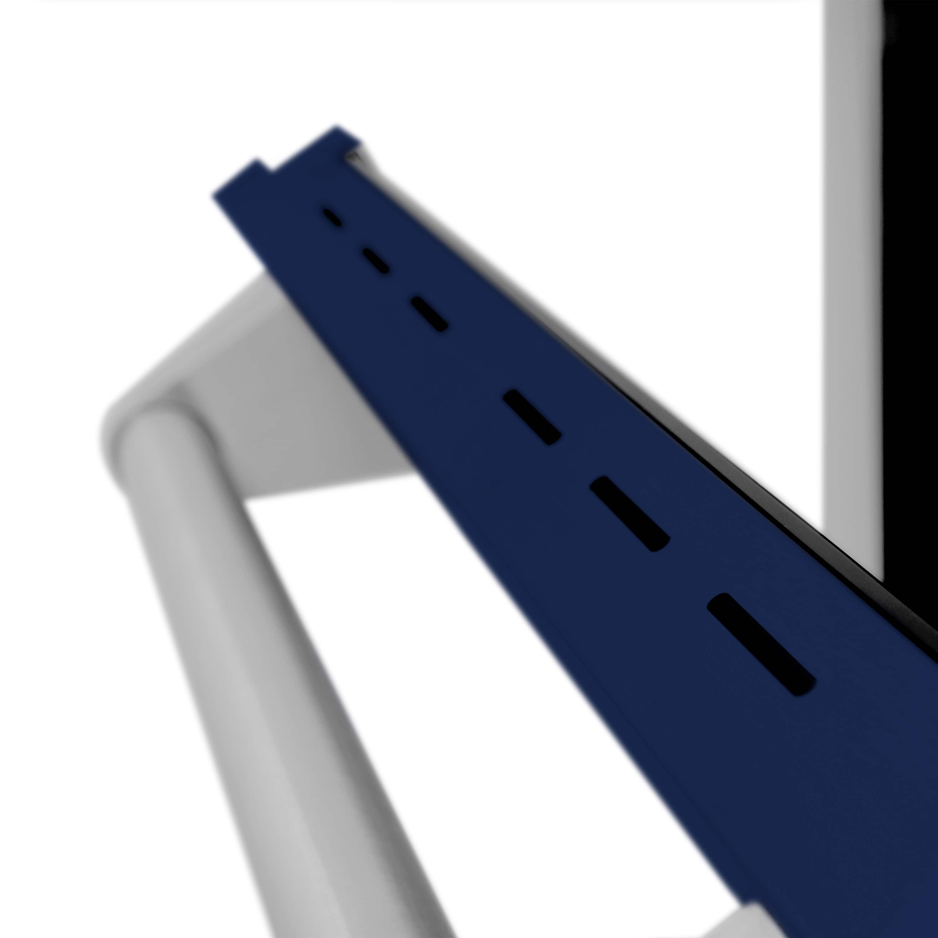 Blue glossy oven door trim with vented metal handle on a stainless range
