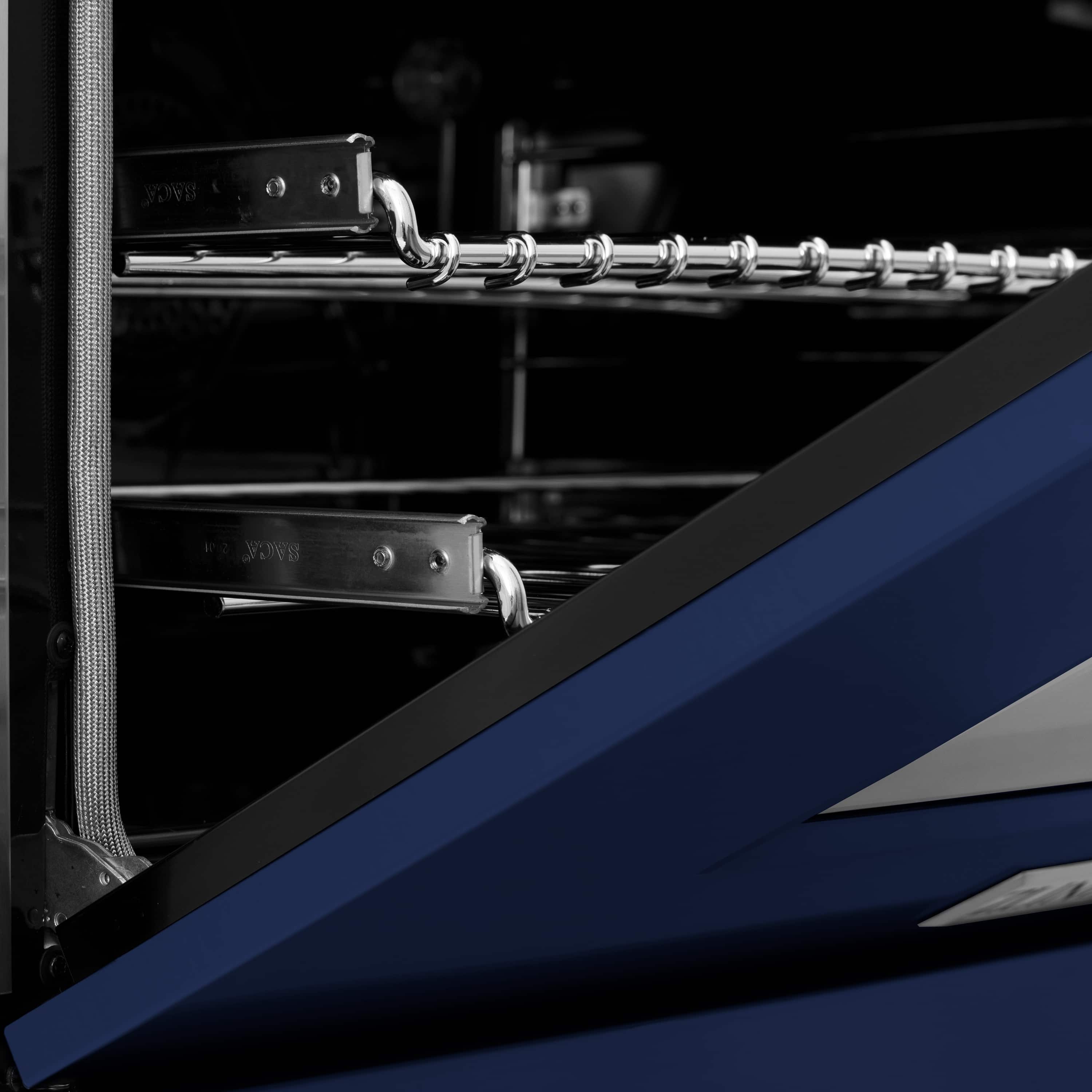 Dual fuel range oven interior with racks and blue door panel edge