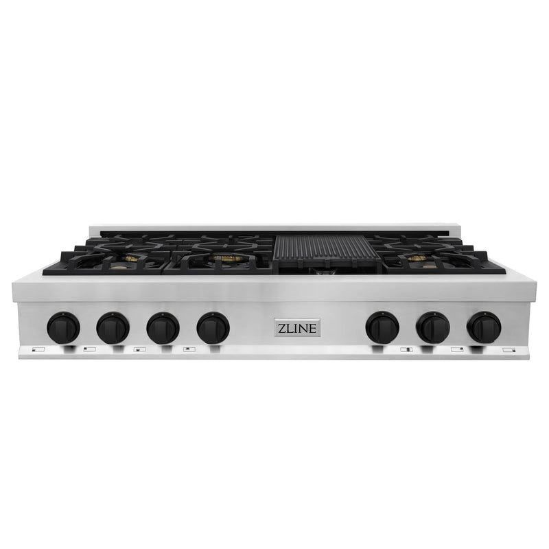 ZLINE Autograph Edition 48-Inch Porcelain Rangetop with 7 Gas Brass Burners in Stainless Steel and Matte Black Accents (RTZ-48-MB)