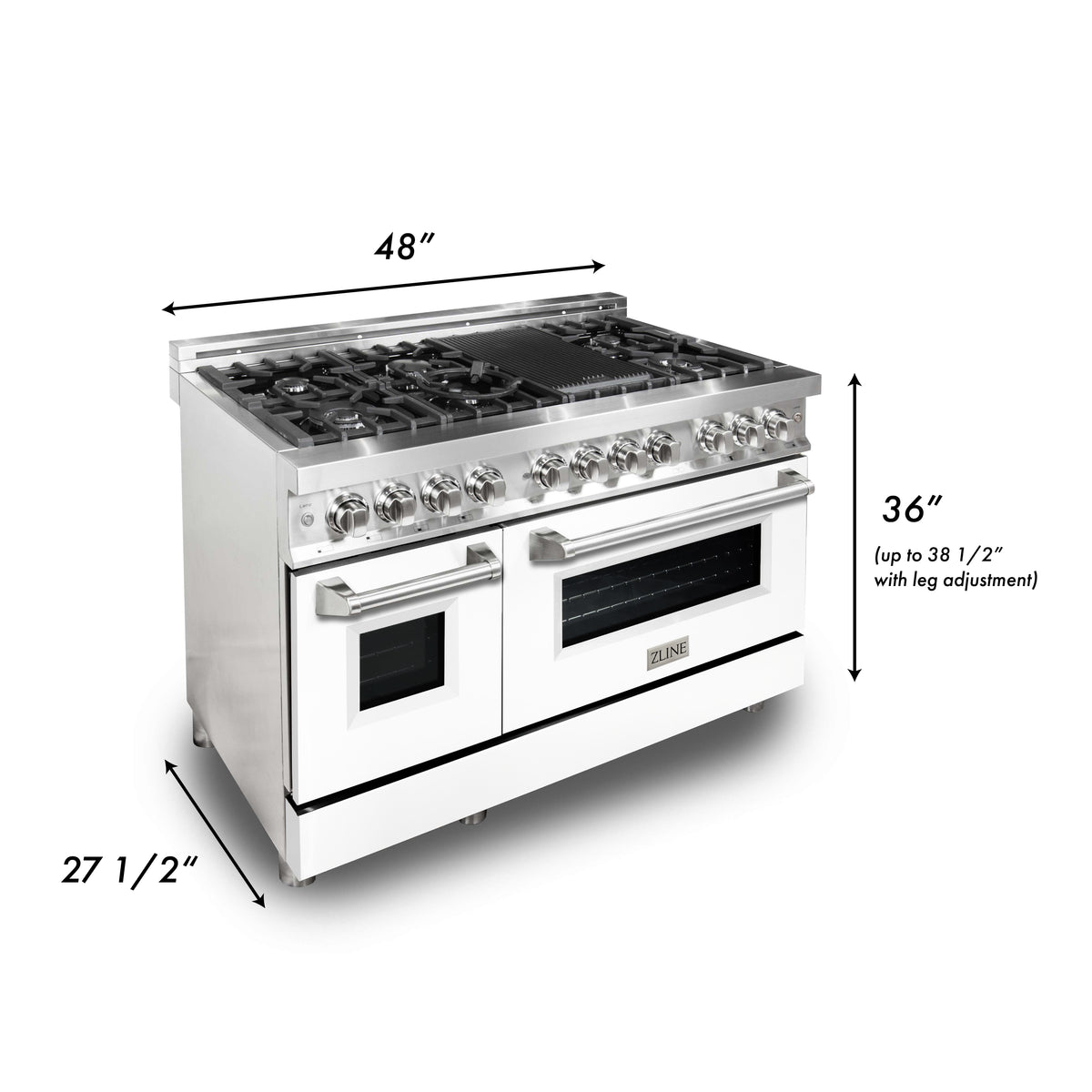 Stainless dual-fuel range with gas cooktop and electric oven, 48-inch width
