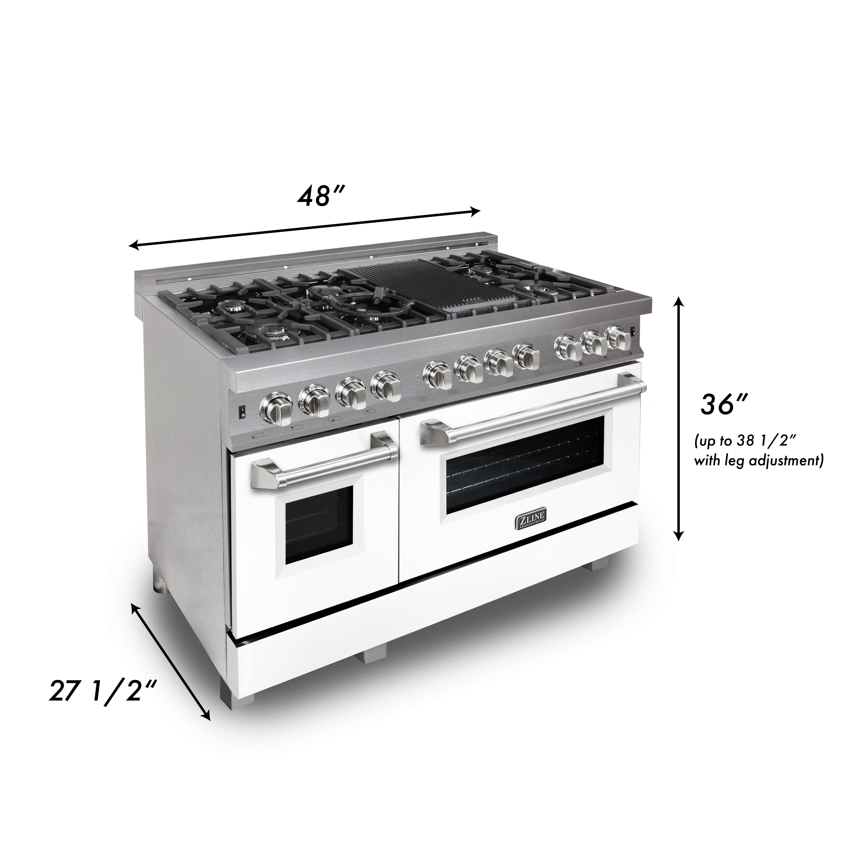 Stainless steel 48-inch dual fuel range with gas cooktop, griddle, and two ovens; dimensions shown