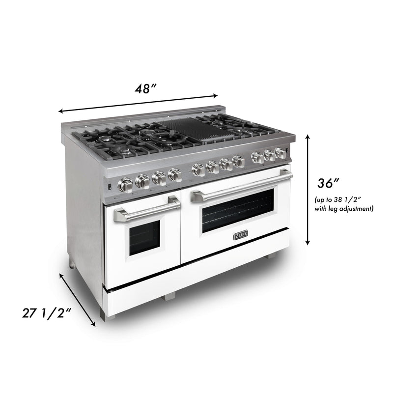 ZLINE 48-Inch Dual Fuel Range with 6.0 cu. ft. Electric Oven and Gas Cooktop and Griddle and White Matte Door in Fingerprint Resistant Stainless (RAS-WM-GR-48)