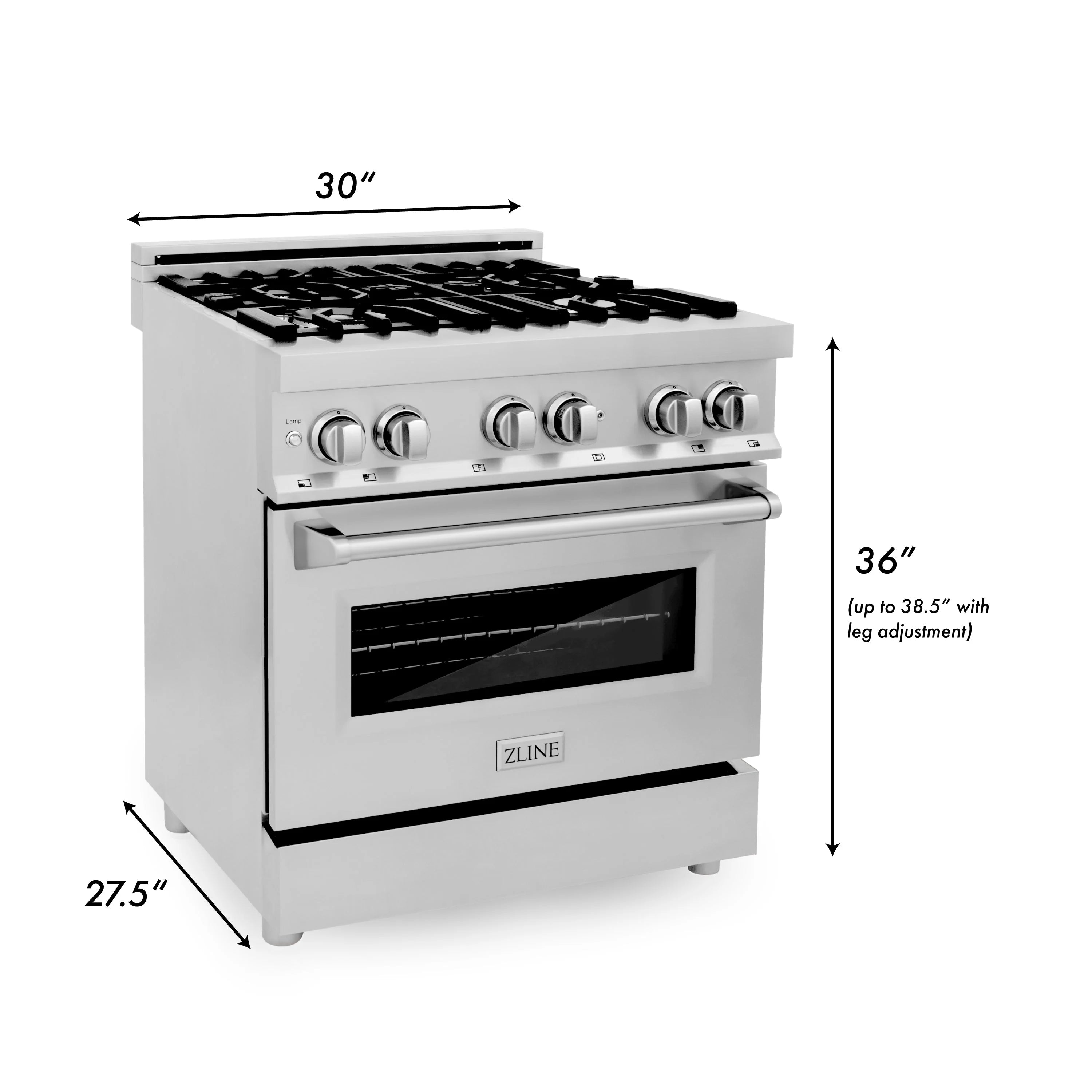 Stainless dual fuel range with burners and oven, with size measurements shown