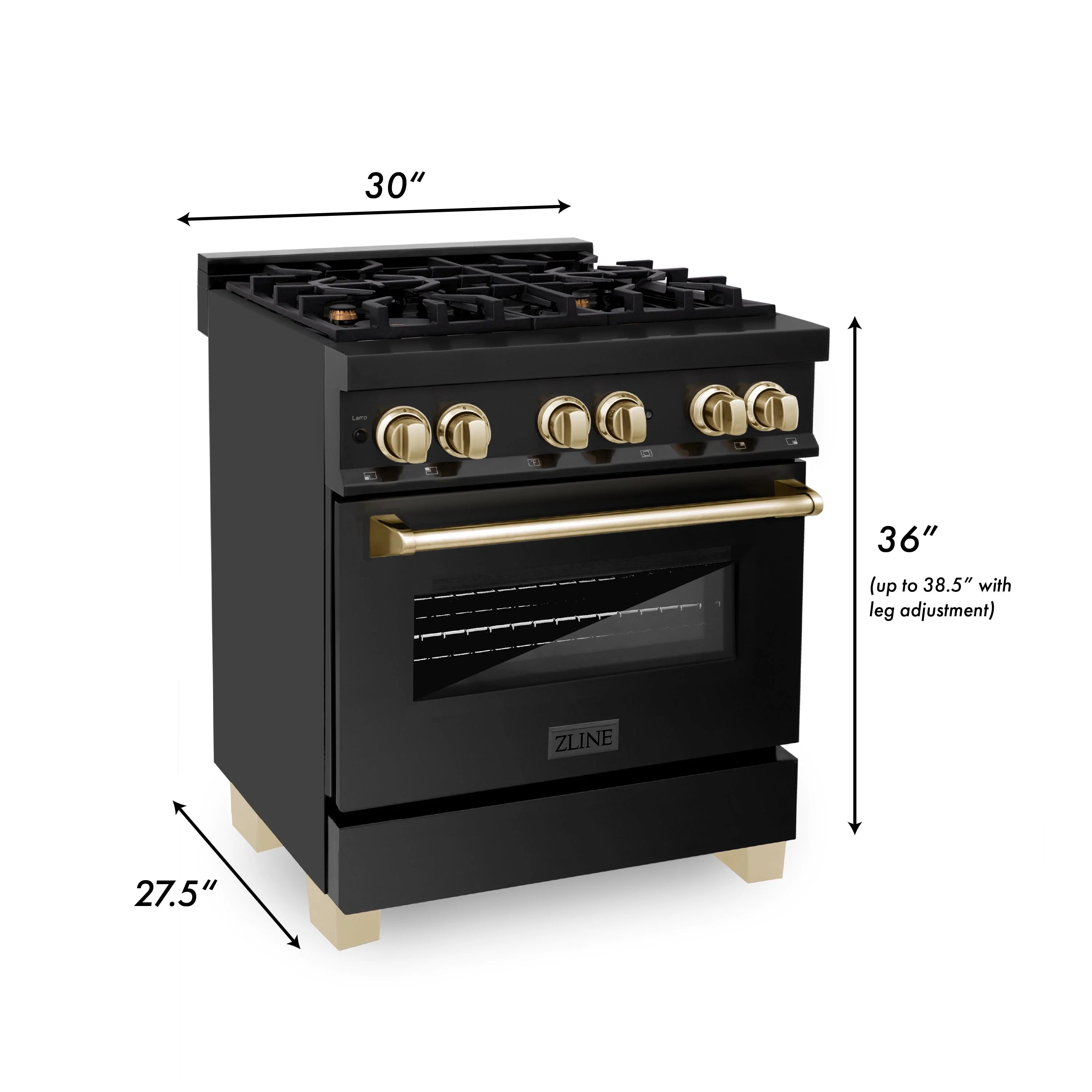 Black dual fuel range with gold knobs, oven door window, and handle trim