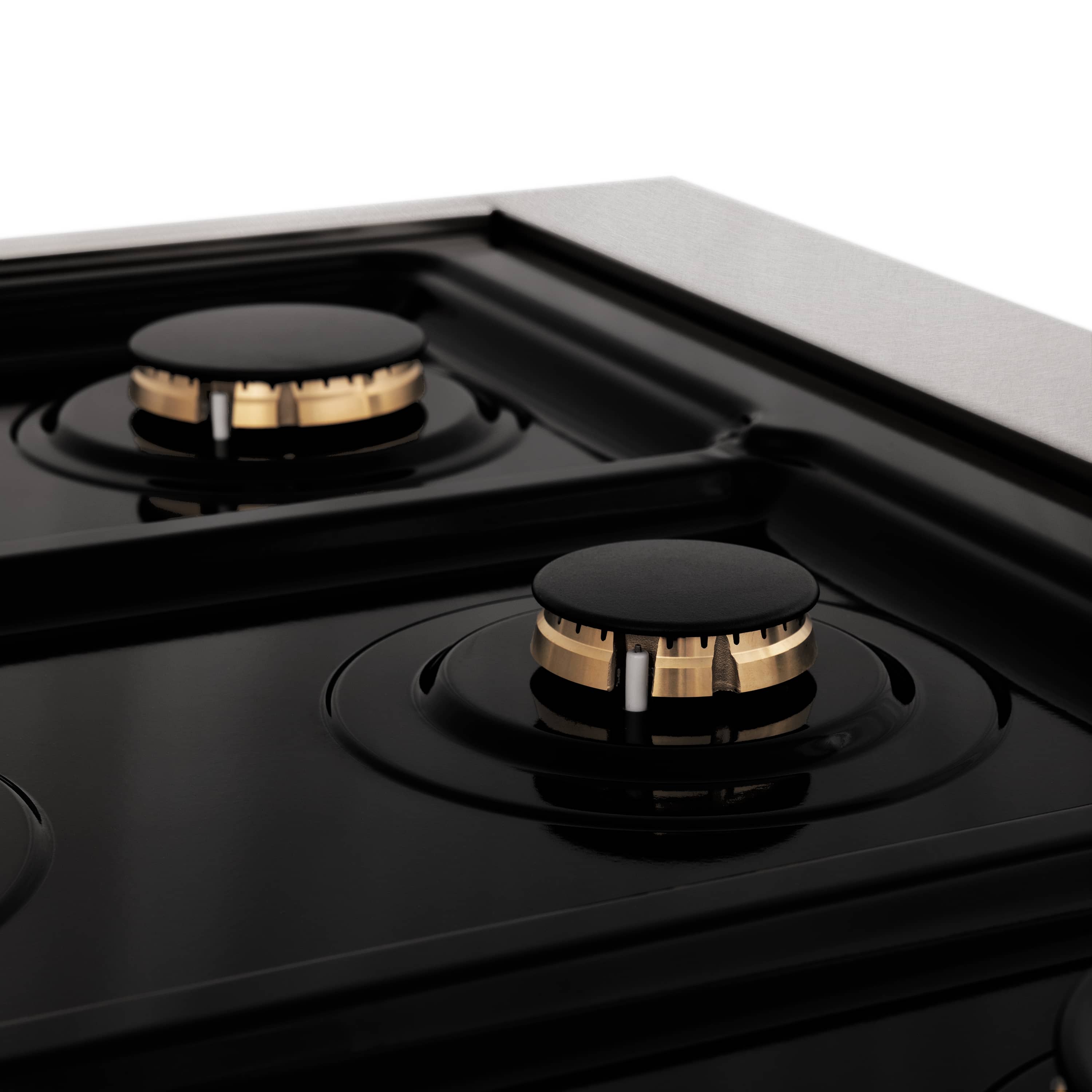 Stainless dual fuel range cooktop with black burners and gold-ring burner caps