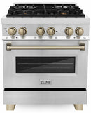 ZLINE Autograph Edition 4-Piece Appliance Package - 30-Inch Dual Fuel Range, Refrigerator with Water Dispenser, Wall Mounted Range Hood, & 24-Inch Tall Tub Dishwasher in Stainless Steel with Champagne Bronze Trim (4AKPR-RARHDWM30-CB)