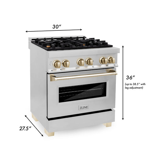 ZLINE dual fuel range with black oven door, gold control knobs, stainless body