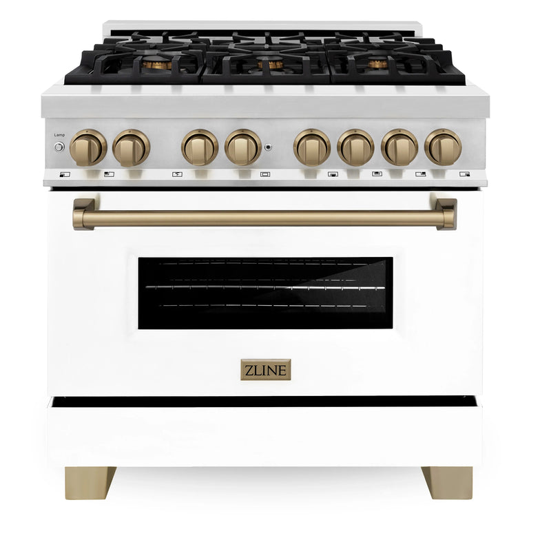 ZLINE Autograph Edition 2-Piece Appliance Package - 36-Inch Dual Fuel Range and Wall Mounted Range Hood in Stainless Steel and White Door with Champagne Bronze Trim (2AKP-RAWMRH36-CB)