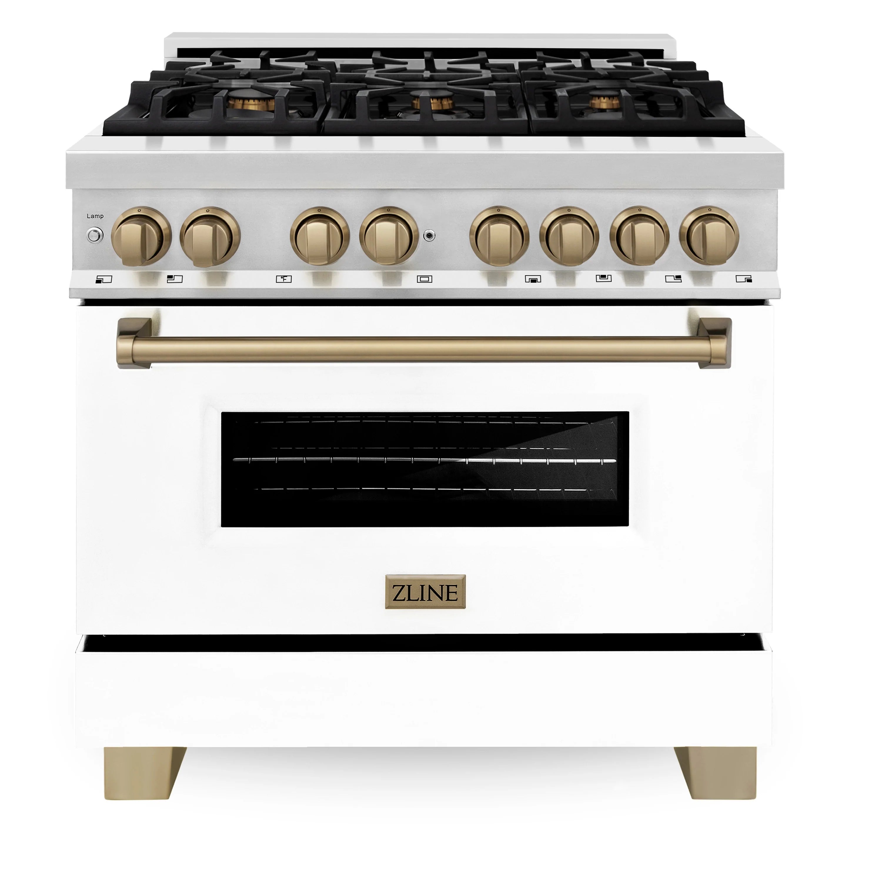 White dual fuel range front with black cooktop grates, champagne bronze handle, and knobs