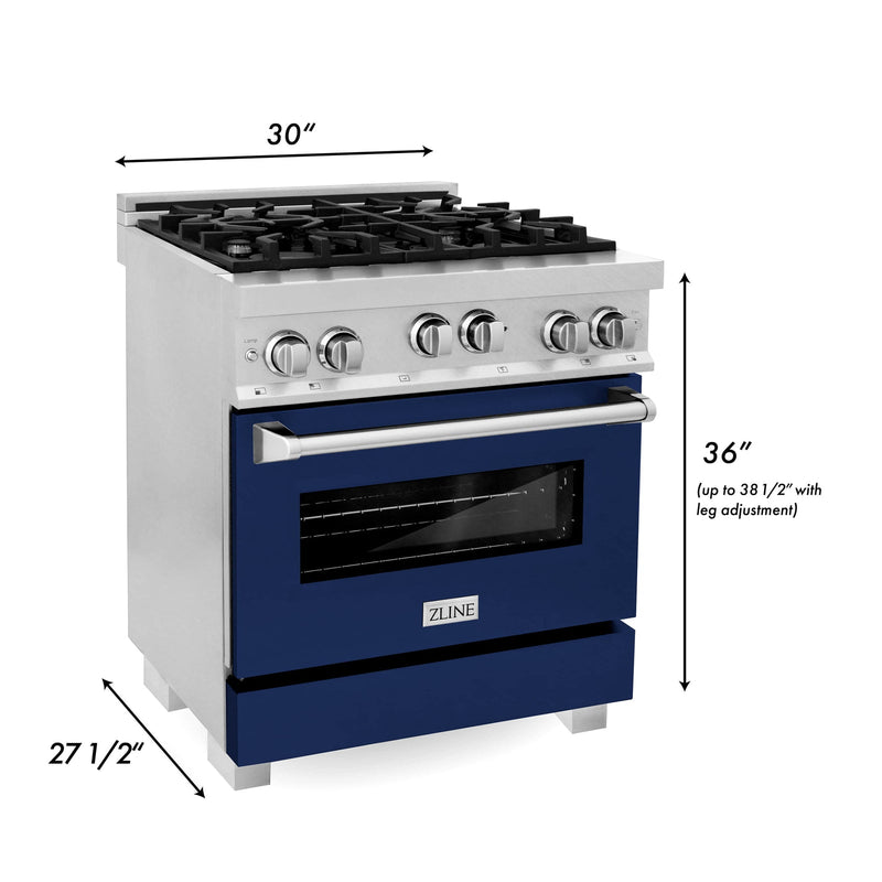 ZLINE 2-Piece Appliance Package - 30-inch Gas Range With Blue Gloss Door & Blue Gloss Range Hood in DuraSnow Stainless Steel (2KP-RGSBGRH30)