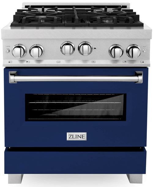 ZLINE 2-Piece Appliance Package - 30-inch Gas Range With Blue Gloss Door & Blue Gloss Range Hood in DuraSnow Stainless Steel (2KP-RGSBGRH30)