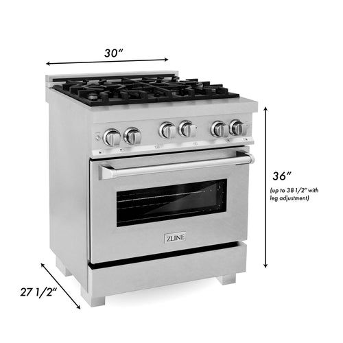 ZLINE 2-Piece Appliance Package - 30-inch Gas Range in DuraSnow Stainless Steel and Convertible Vent Range Hood in Stainless Steel (2KP-RGSSNRH30)