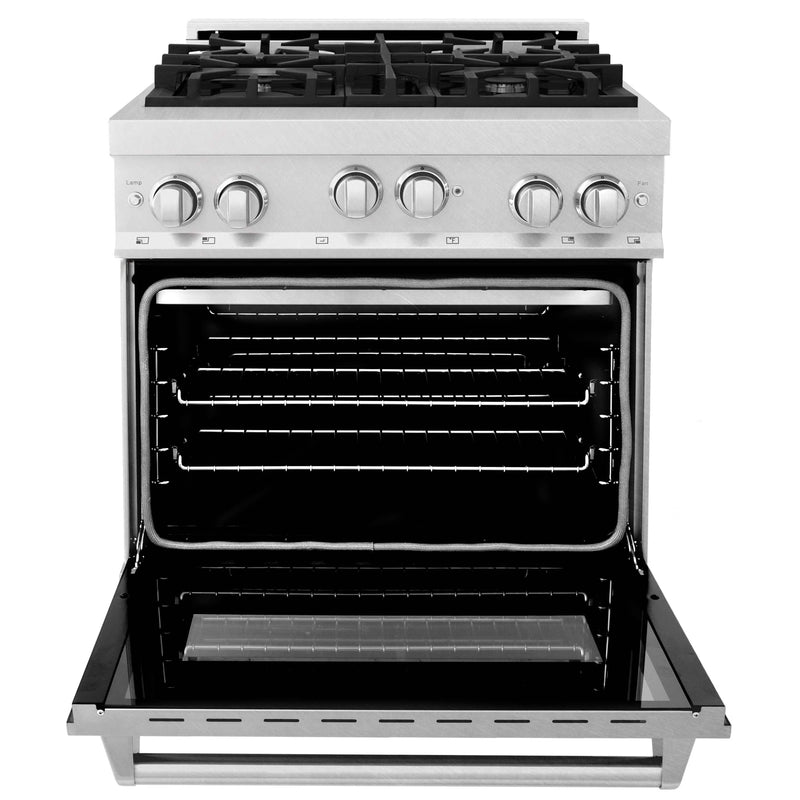 ZLINE 2-Piece Appliance Package - 30-inch Gas Range in DuraSnow Stainless Steel and Convertible Vent Range Hood in Stainless Steel (2KP-RGSSNRH30)