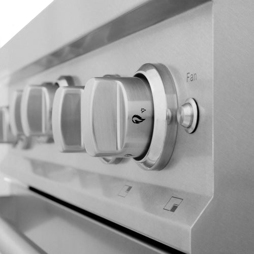 Satin stainless steel range hood control panel with fan knob and icon buttons