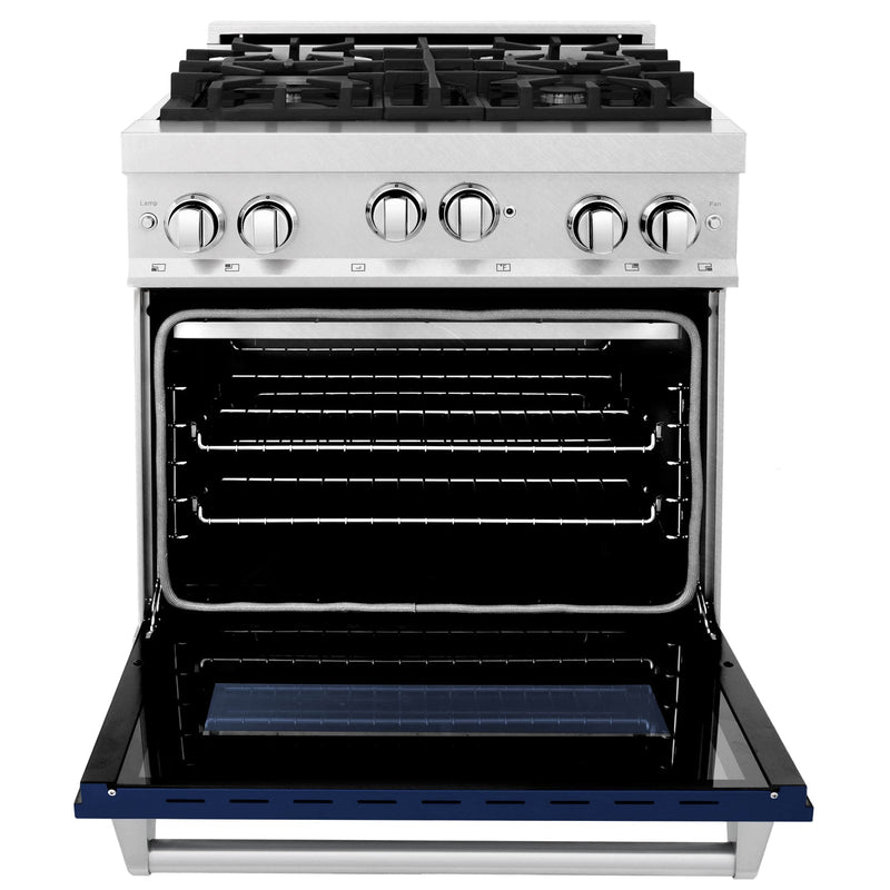 ZLINE 2-Piece Appliance Package - 30-inch Gas Range With Blue Gloss Door & Blue Gloss Range Hood in DuraSnow Stainless Steel (2KP-RGSBGRH30)