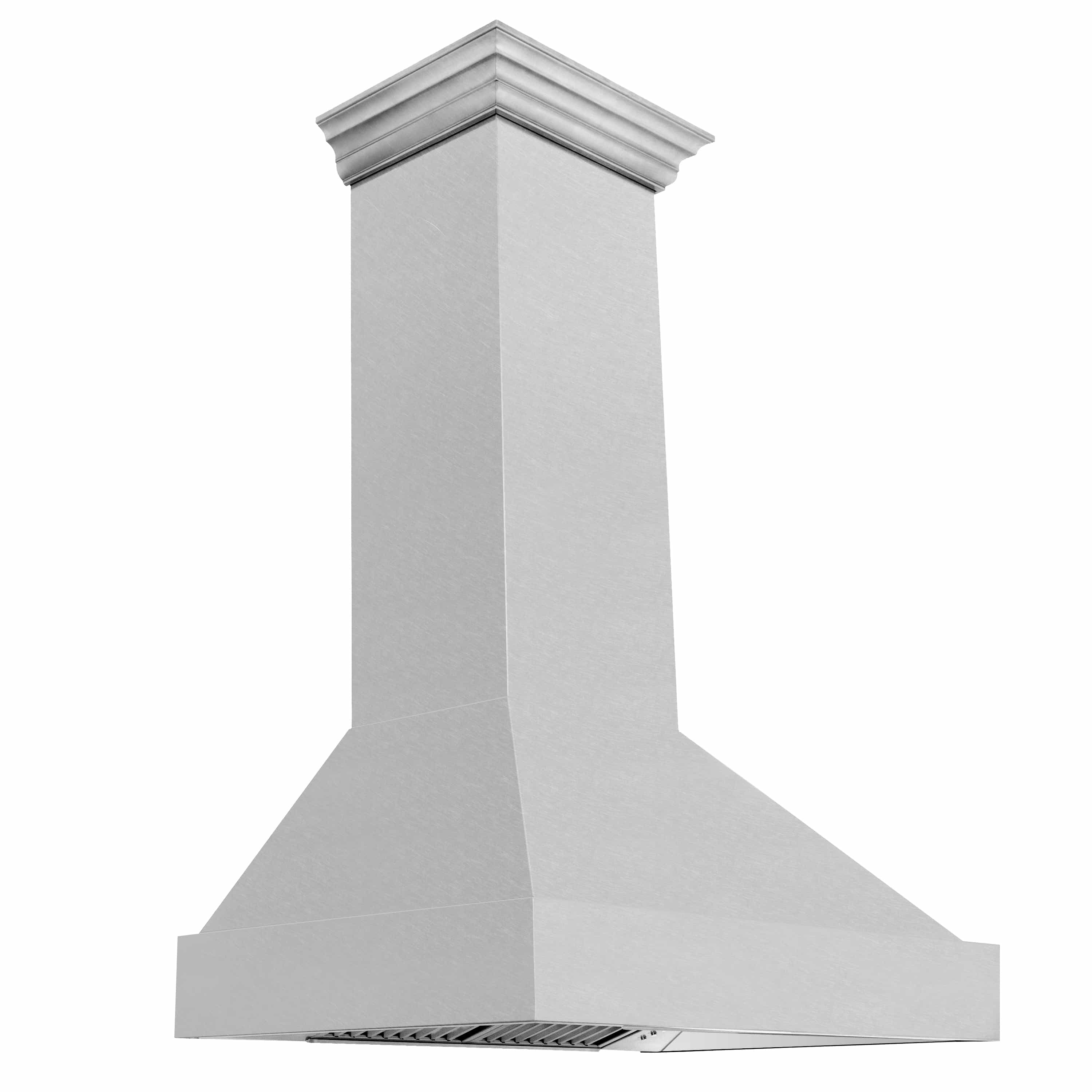 Satin stainless steel wall-mount range hood with chimney body and front vent grate
