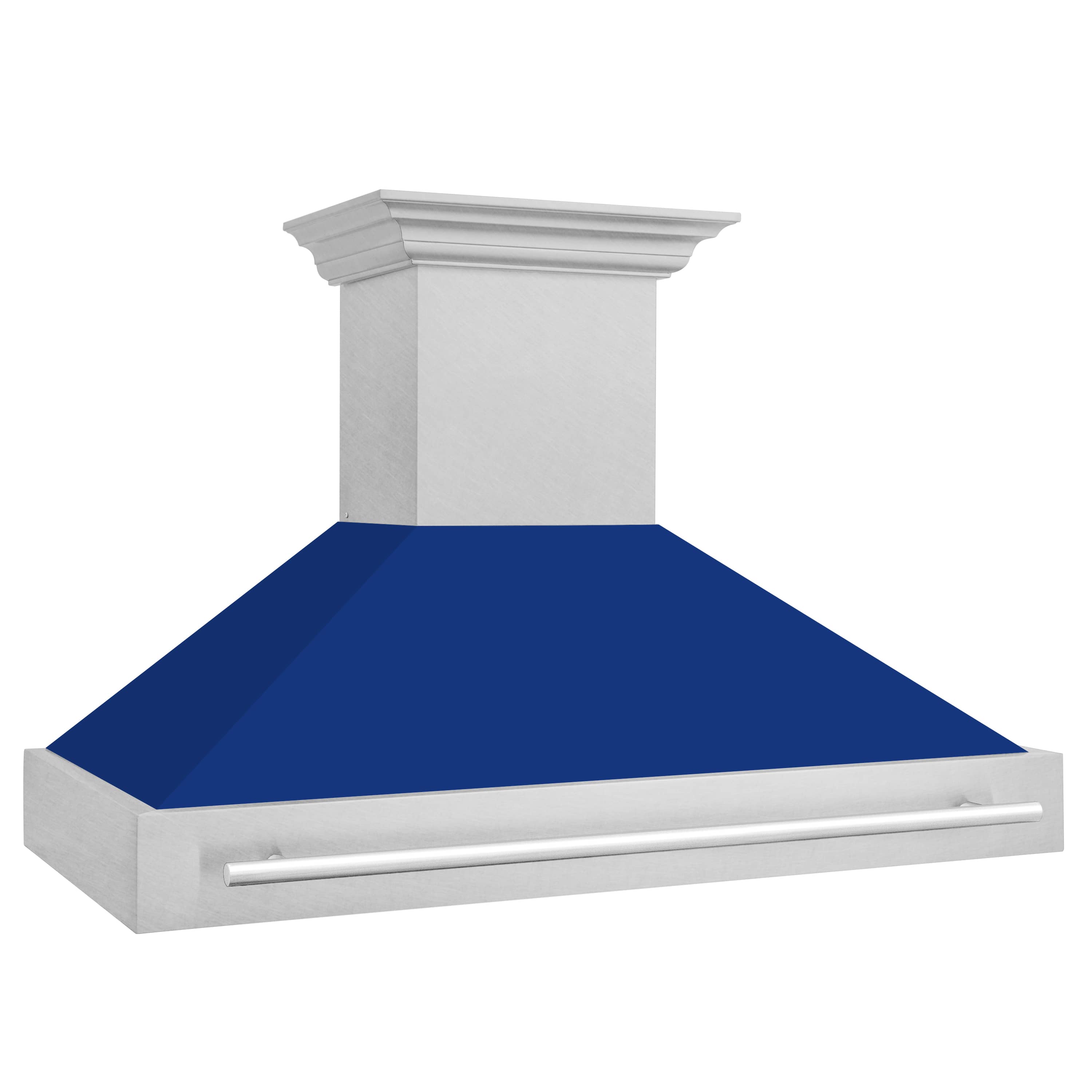 Wall-mount range hood with satin stainless flue, blue gloss canopy, and front vent bar.
